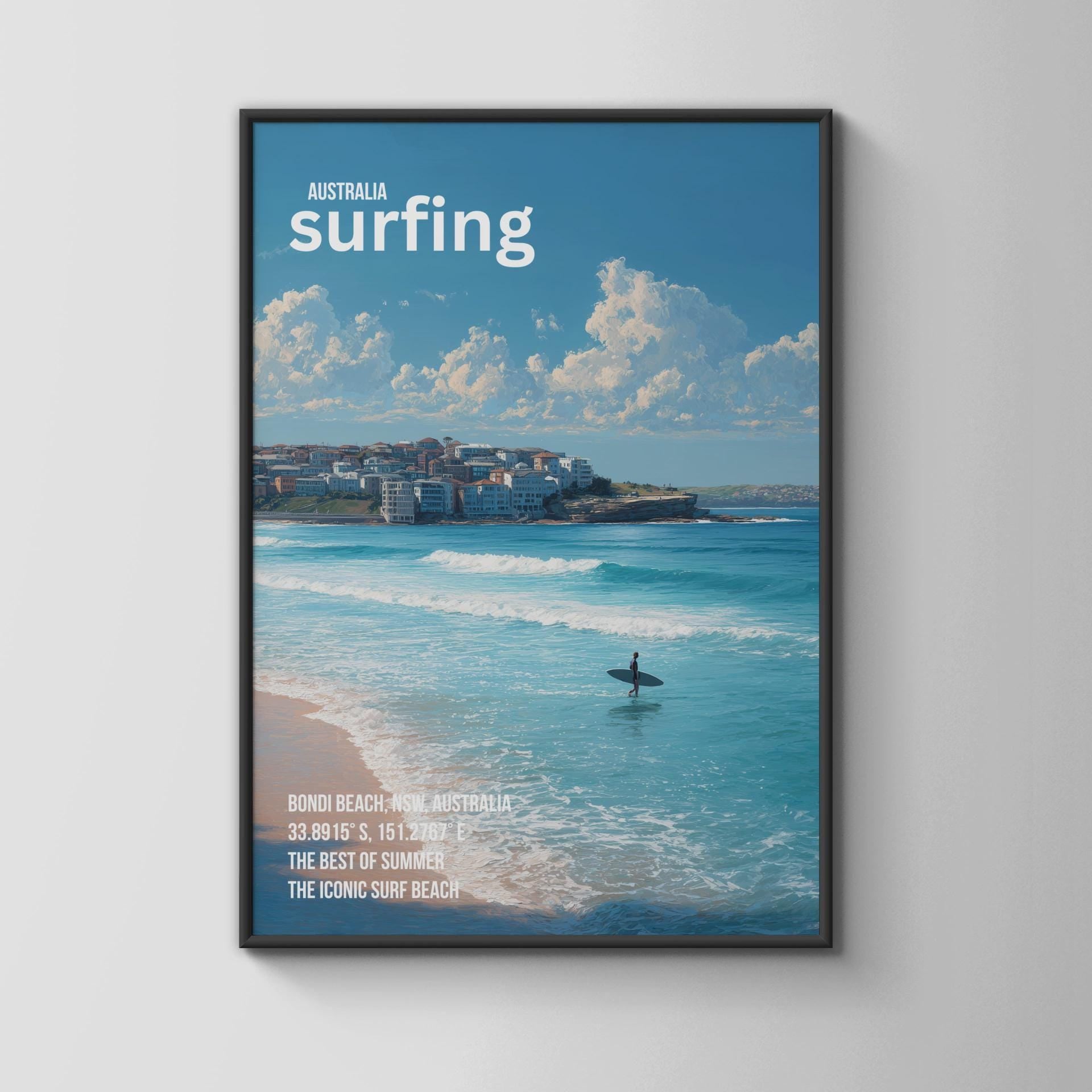 Bondi Beach Surfing Poster Art Print Australia Coastal Wall Art - Travel Wall Art