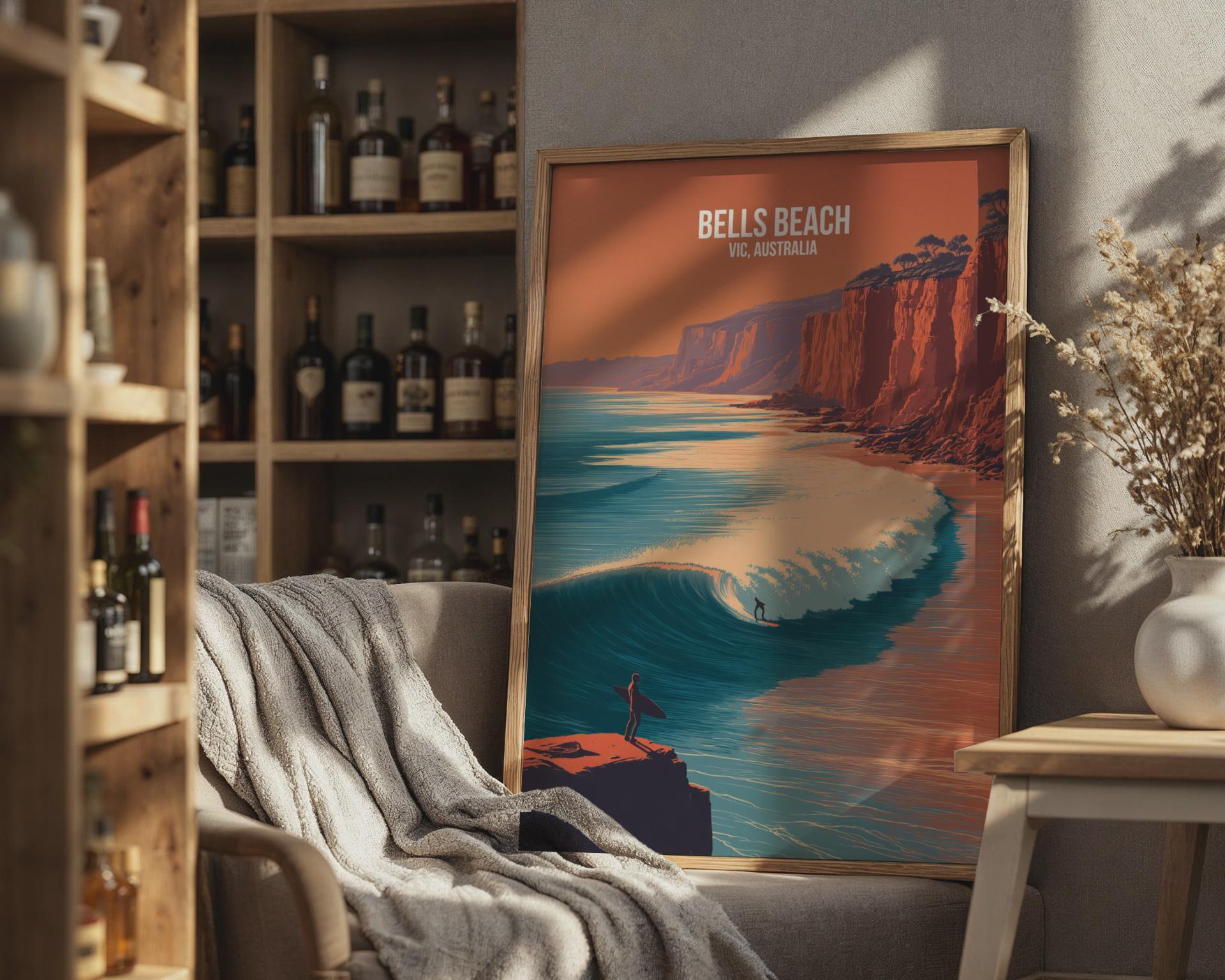 Bells Beach Surfing Poster VIC Australia Art Print - Travel Wall Art