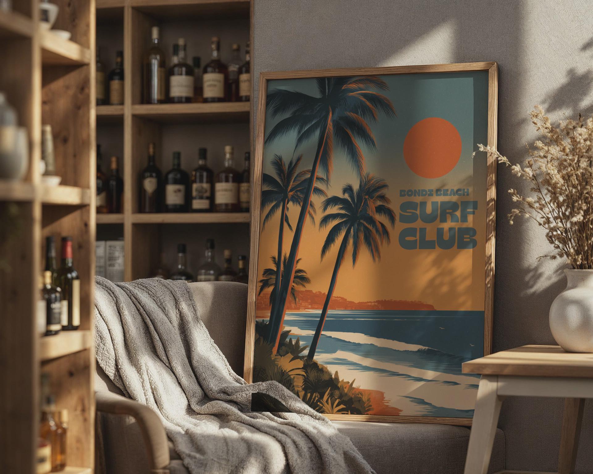Bondi Beach Surf Club Poster with Palms and Sunset - Travel Wall Art