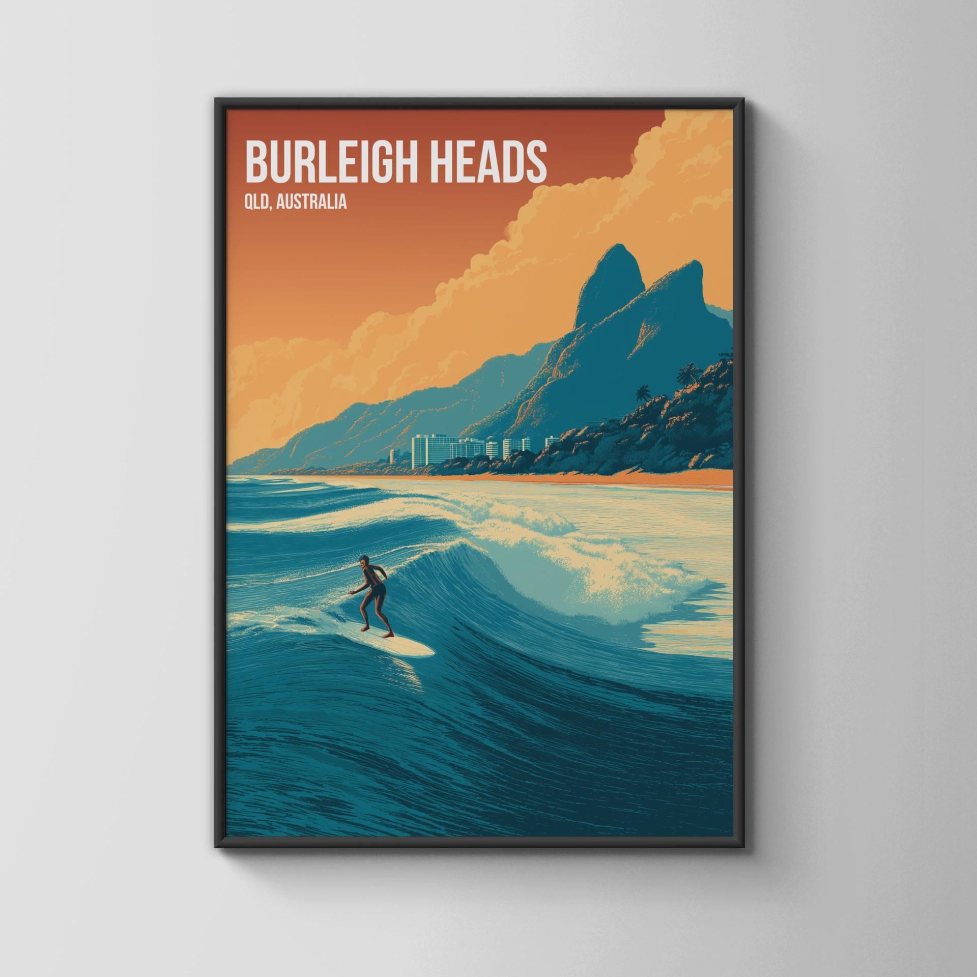 Burleigh Heads Surfing Print Poster Wall Art QLD Australia - Travel Wall Art