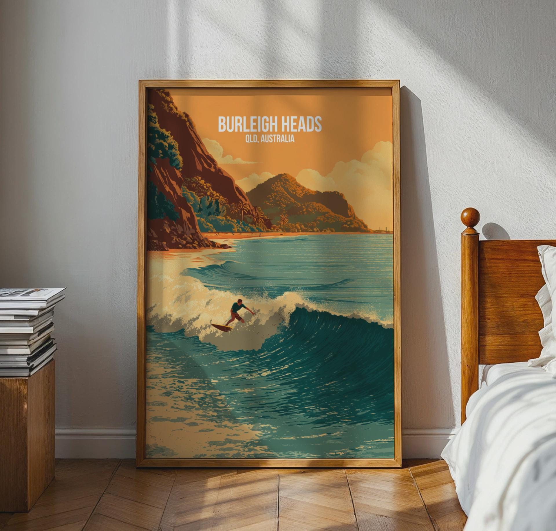 Burleigh Heads Surfing Poster Artwork QLD Australia Wall Art - Travel Wall Art