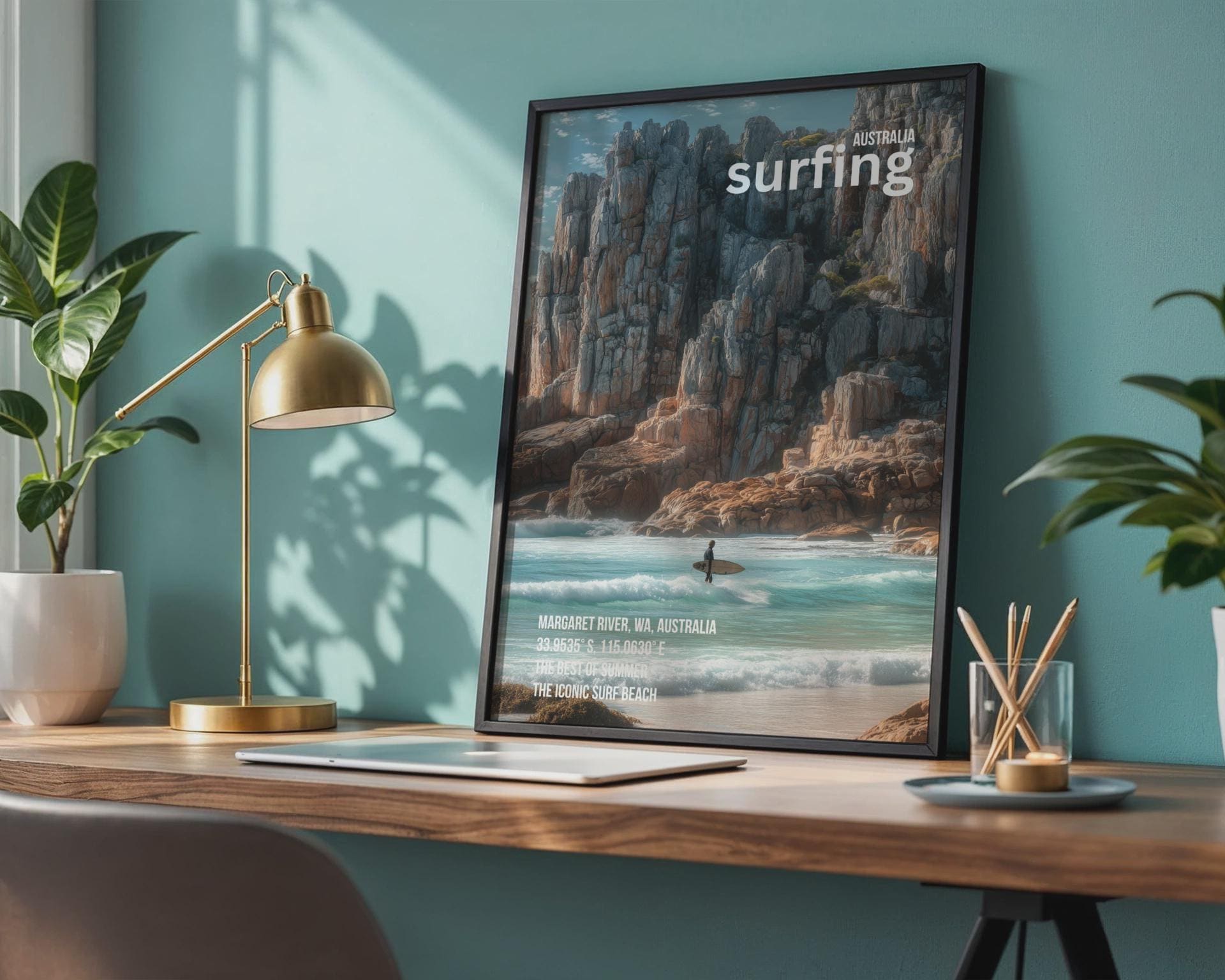 Surfing Art Print Margaret River Australia Landscape Poster - Travel Wall Art