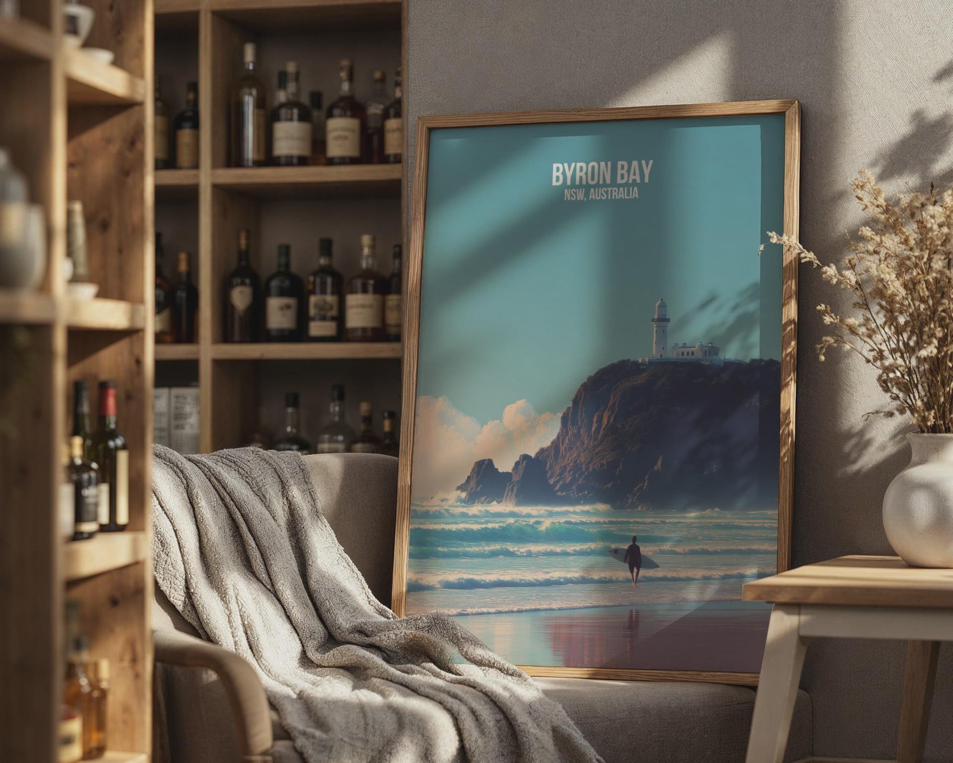 Byron Bay Surf Poster with Lighthouse and Ocean - Travel Wall Art