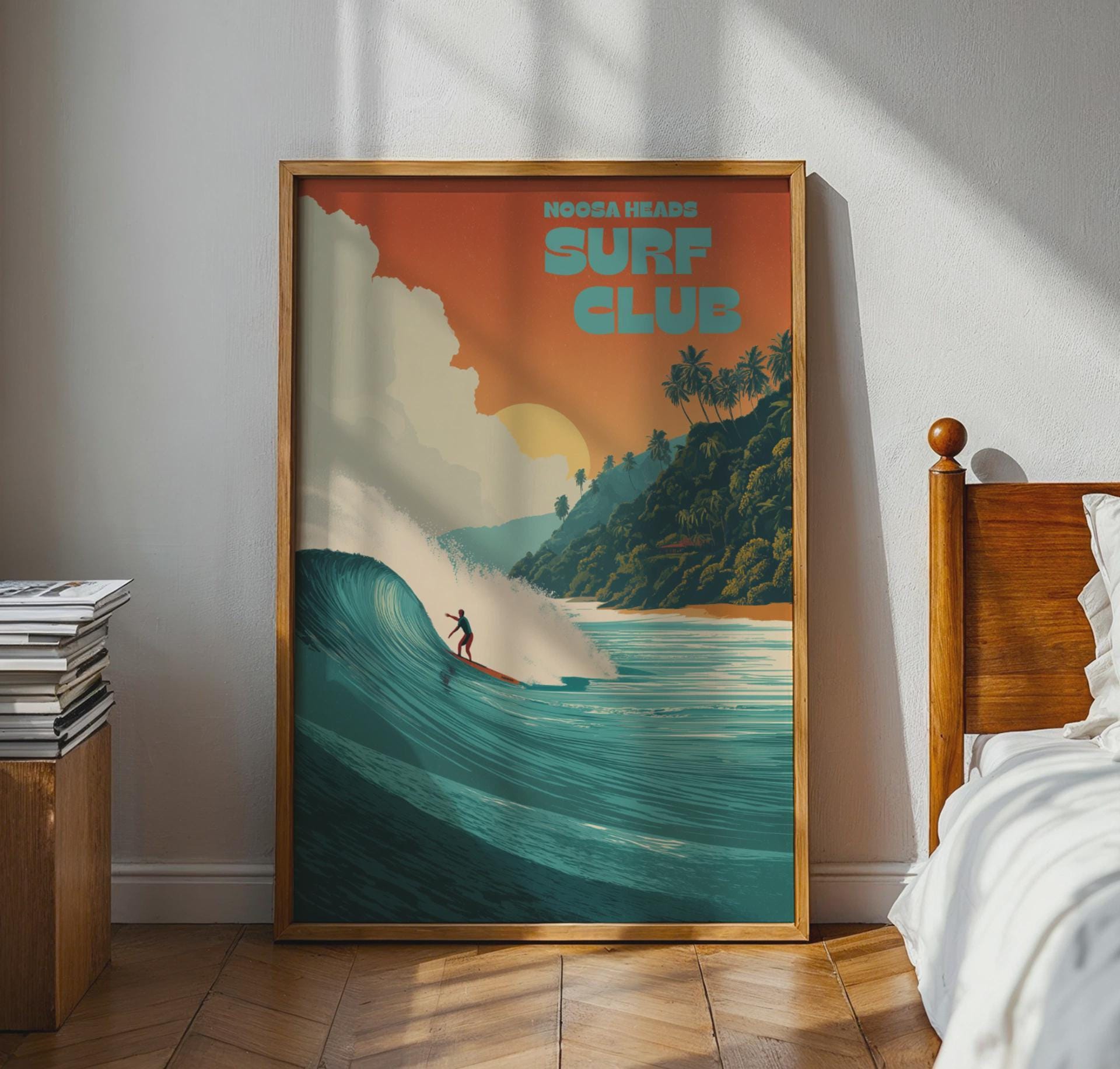 Noosa Heads Surf Club Poster: Surfer Riding Wave, Coastal Art Print - Travel Wall Art