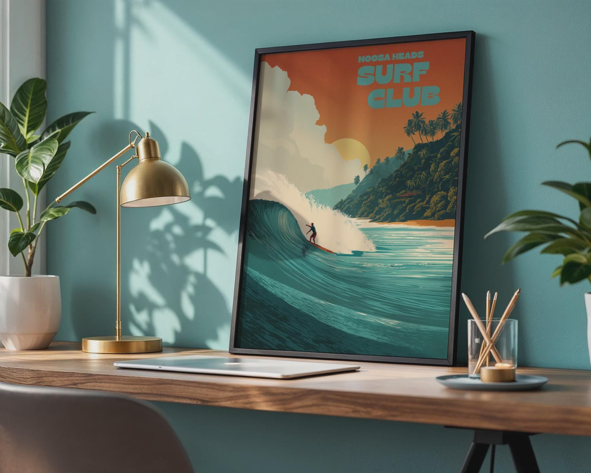 Noosa Heads Surf Club Poster: Surfer Riding Wave, Coastal Art Print - Travel Wall Art