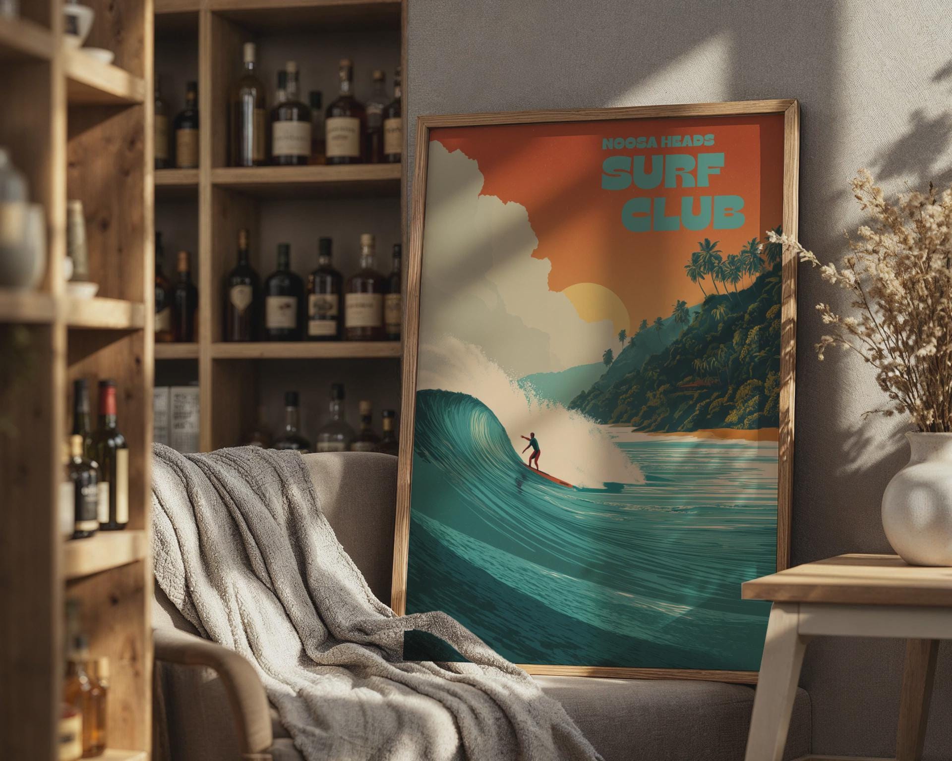 Noosa Heads Surf Club Poster: Surfer Riding Wave, Coastal Art Print - Travel Wall Art