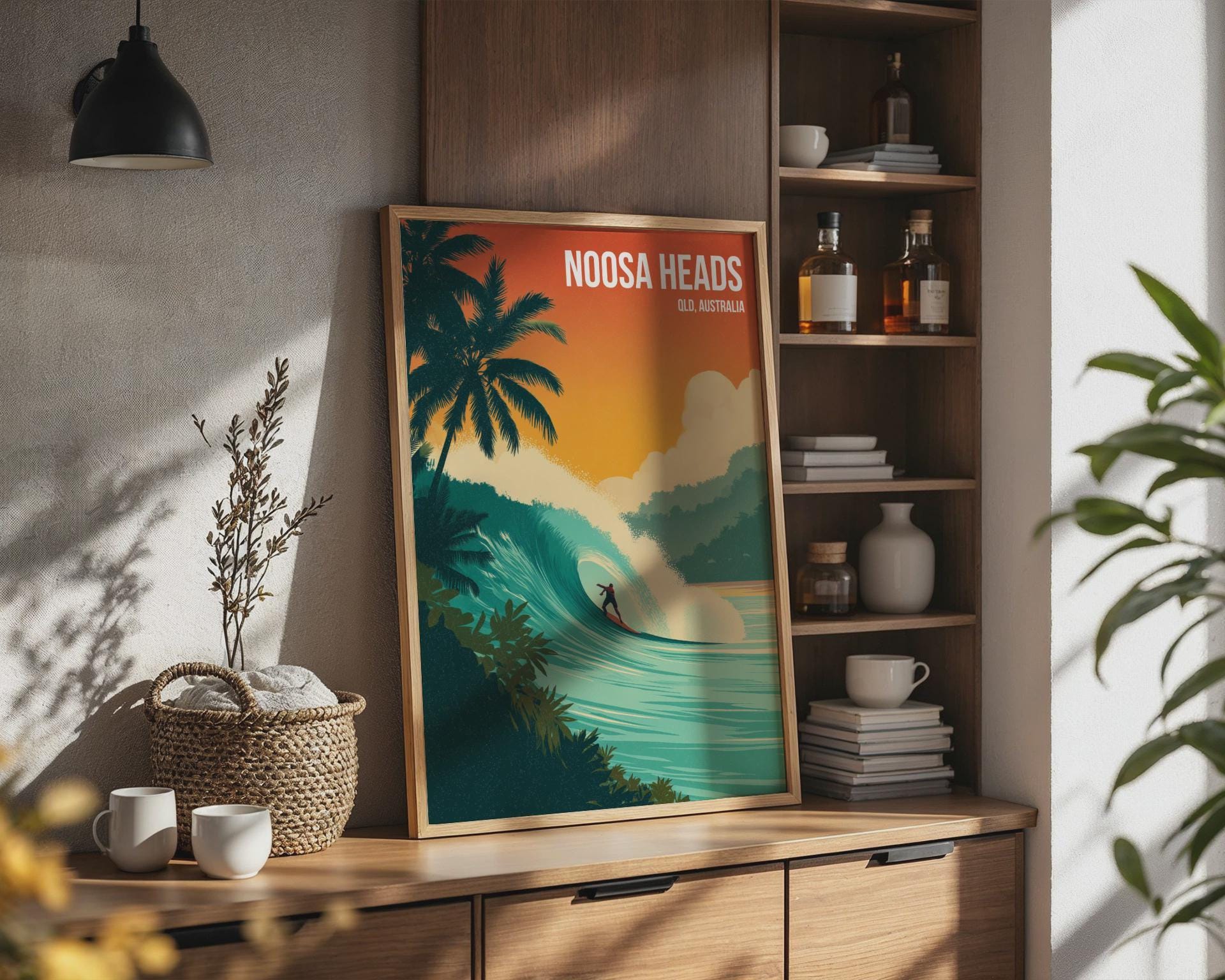 Noosa Heads Surfing Print Art Poster QLD Australia Tropical Waves - Travel Wall Art