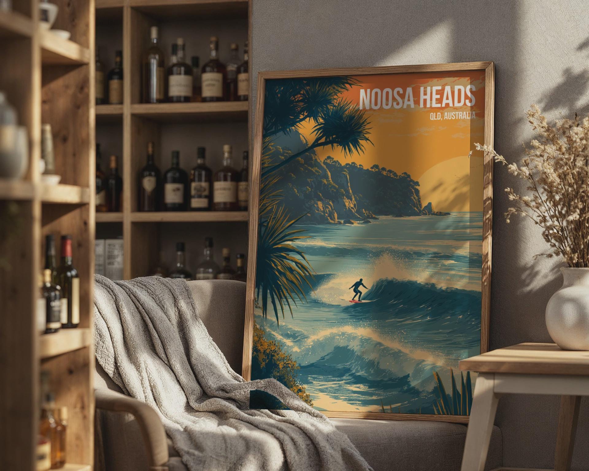 Surfing Scene Noosa Heads Poster Print Wall Art QLD Australia - Travel Wall Art