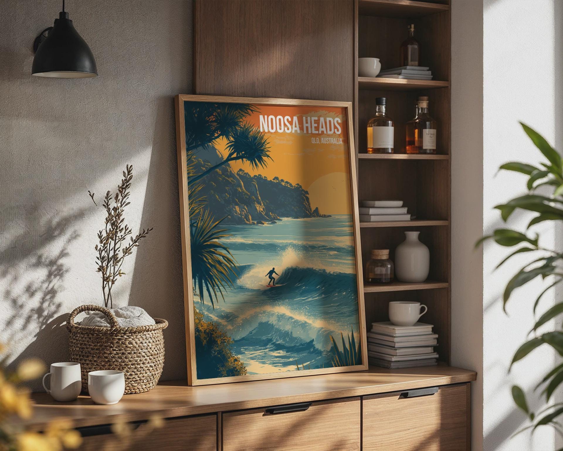 Surfing Scene Noosa Heads Poster Print Wall Art QLD Australia - Travel Wall Art