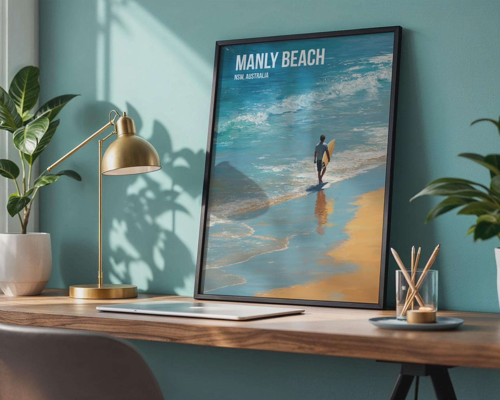 Manly Beach Surfing Print Poster Wall Art - Travel Wall Art