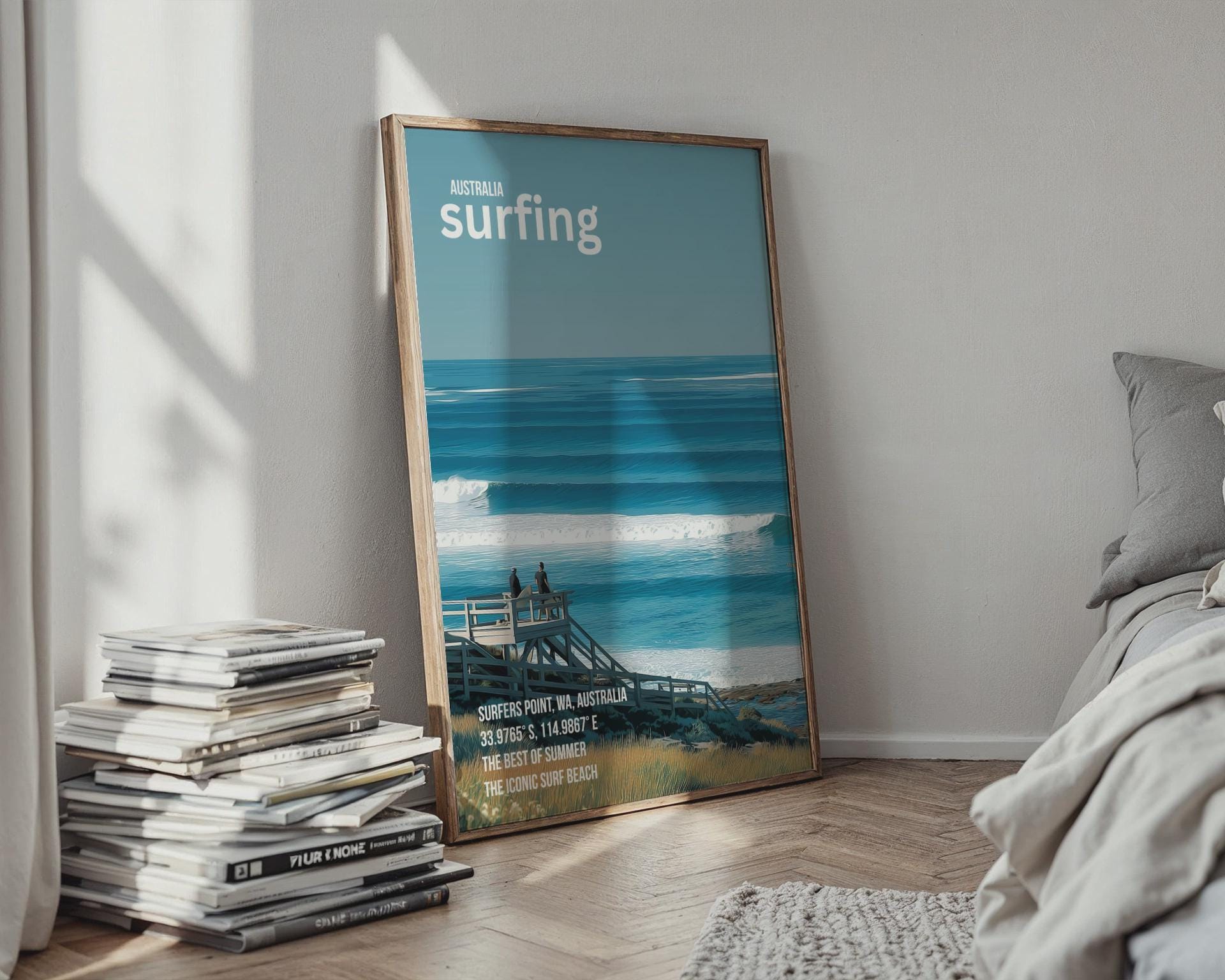 Surfers Point WA Surfing Poster Art Print Beach Landscape - Travel Wall Art