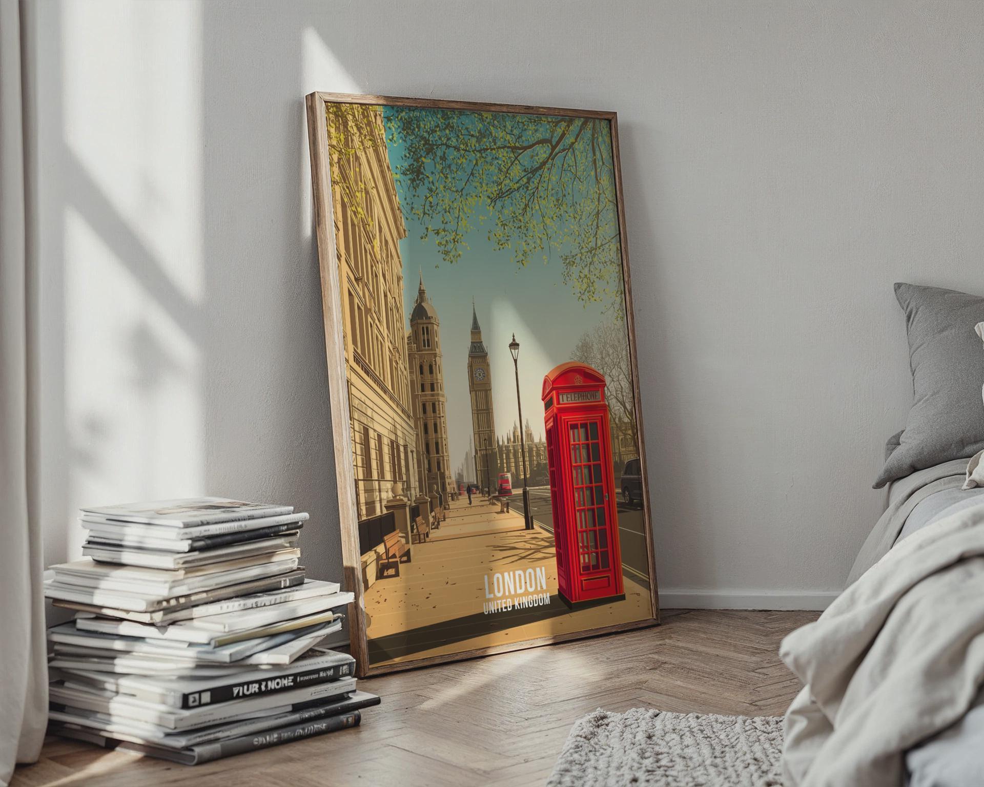 London Travel Poster Art Print Featuring Red Telephone Box and Big Ben - Travel Wall Art
