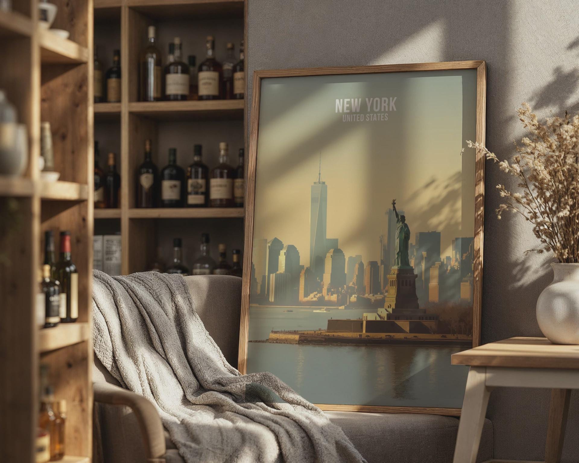 New York City Skyline Poster with Statue of Liberty Wall Art Print - Travel Wall Art