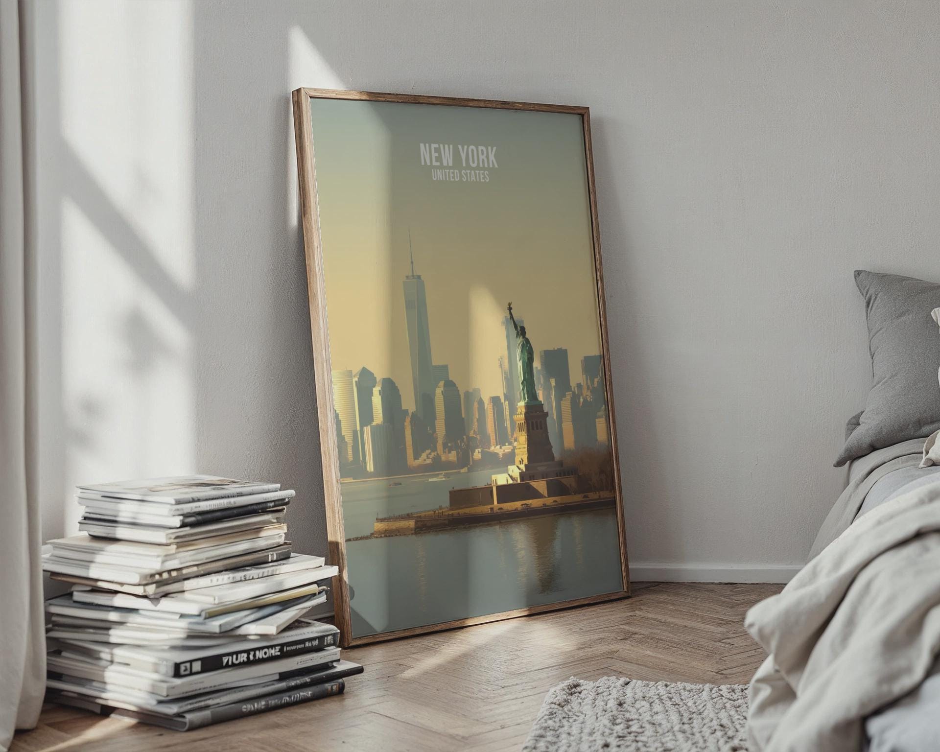 New York City Skyline Poster with Statue of Liberty Wall Art Print - Travel Wall Art