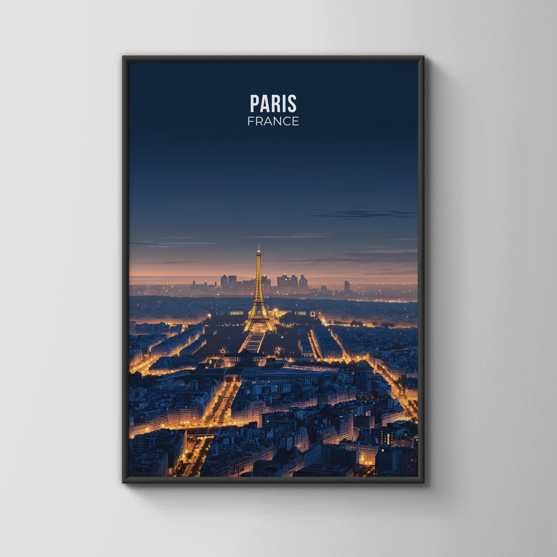 Paris France Cityscape Poster Eiffel Tower Night Wall Art Print - Travel Wall Art