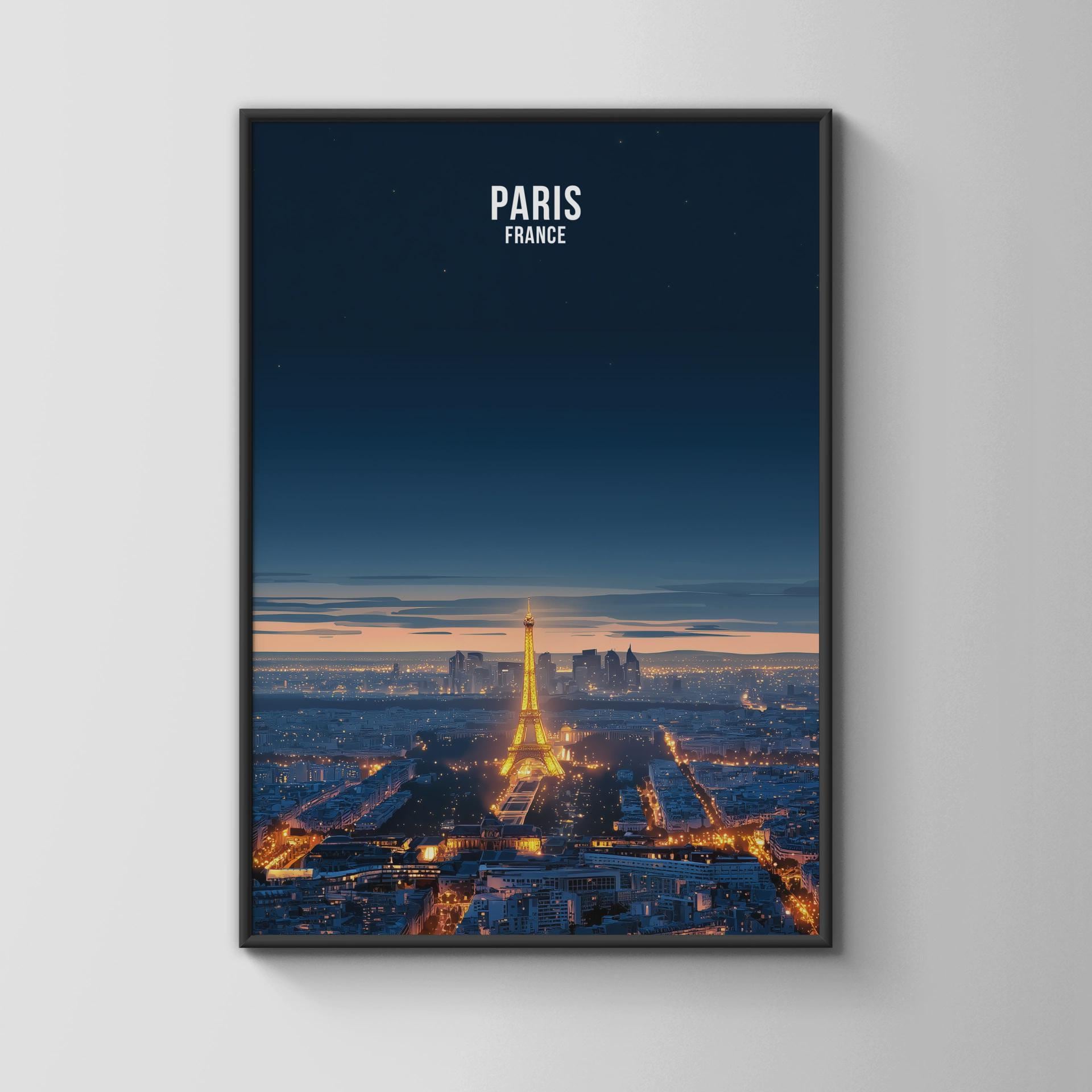 Paris Night Skyline Print Eiffel Tower Wall Art Paris France Poster - Travel Wall Art