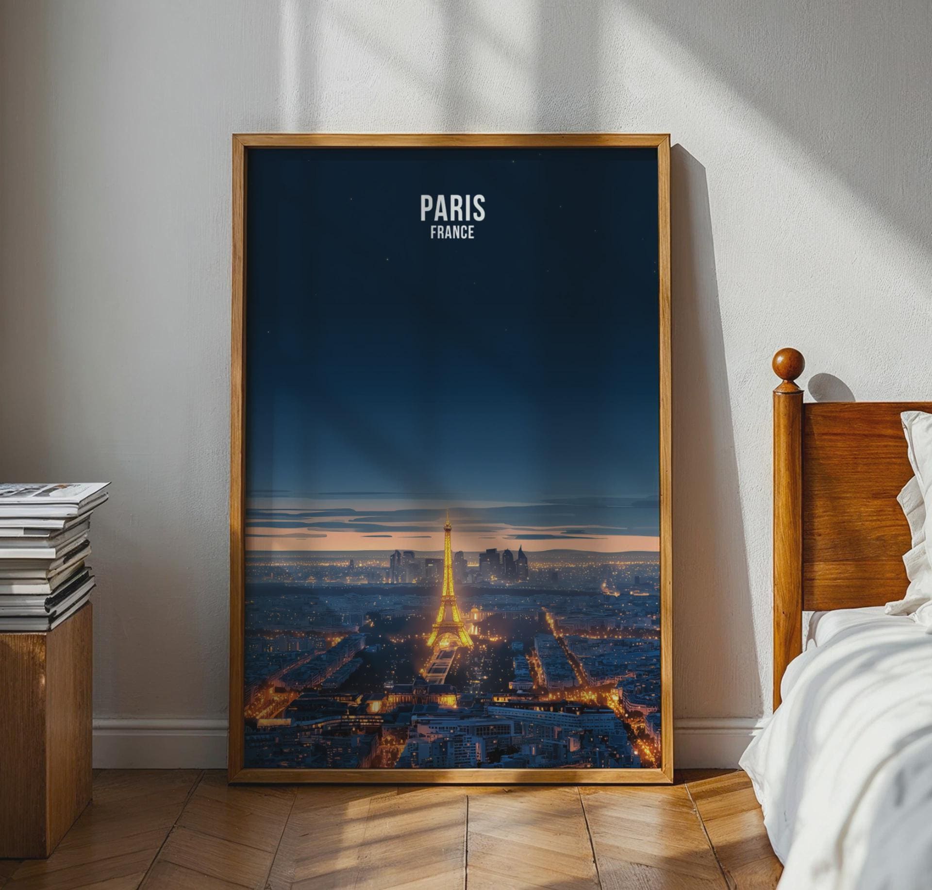 Paris Night Skyline Print Eiffel Tower Wall Art Paris France Poster - Travel Wall Art