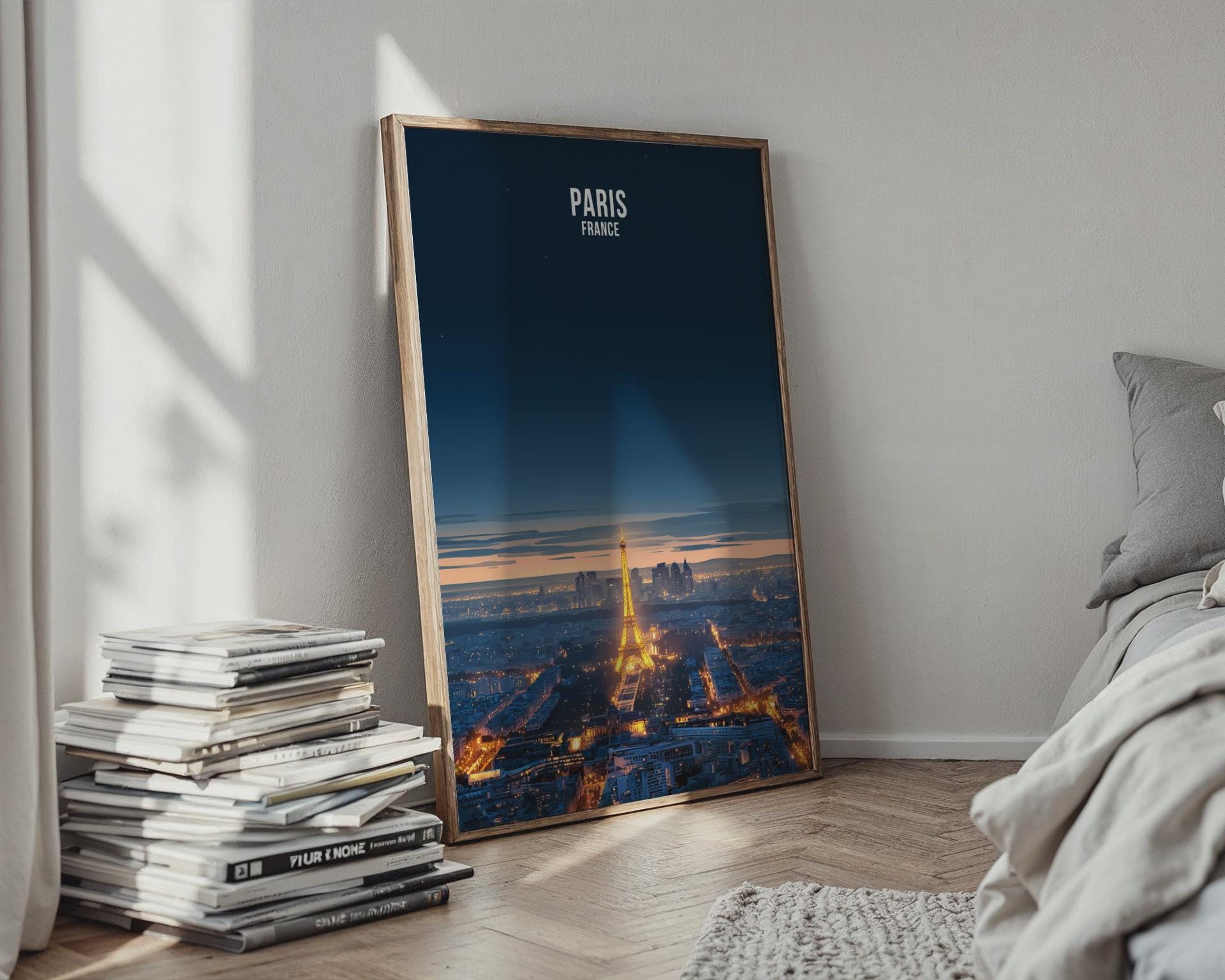 Paris Night Skyline Print Eiffel Tower Wall Art Paris France Poster - Travel Wall Art