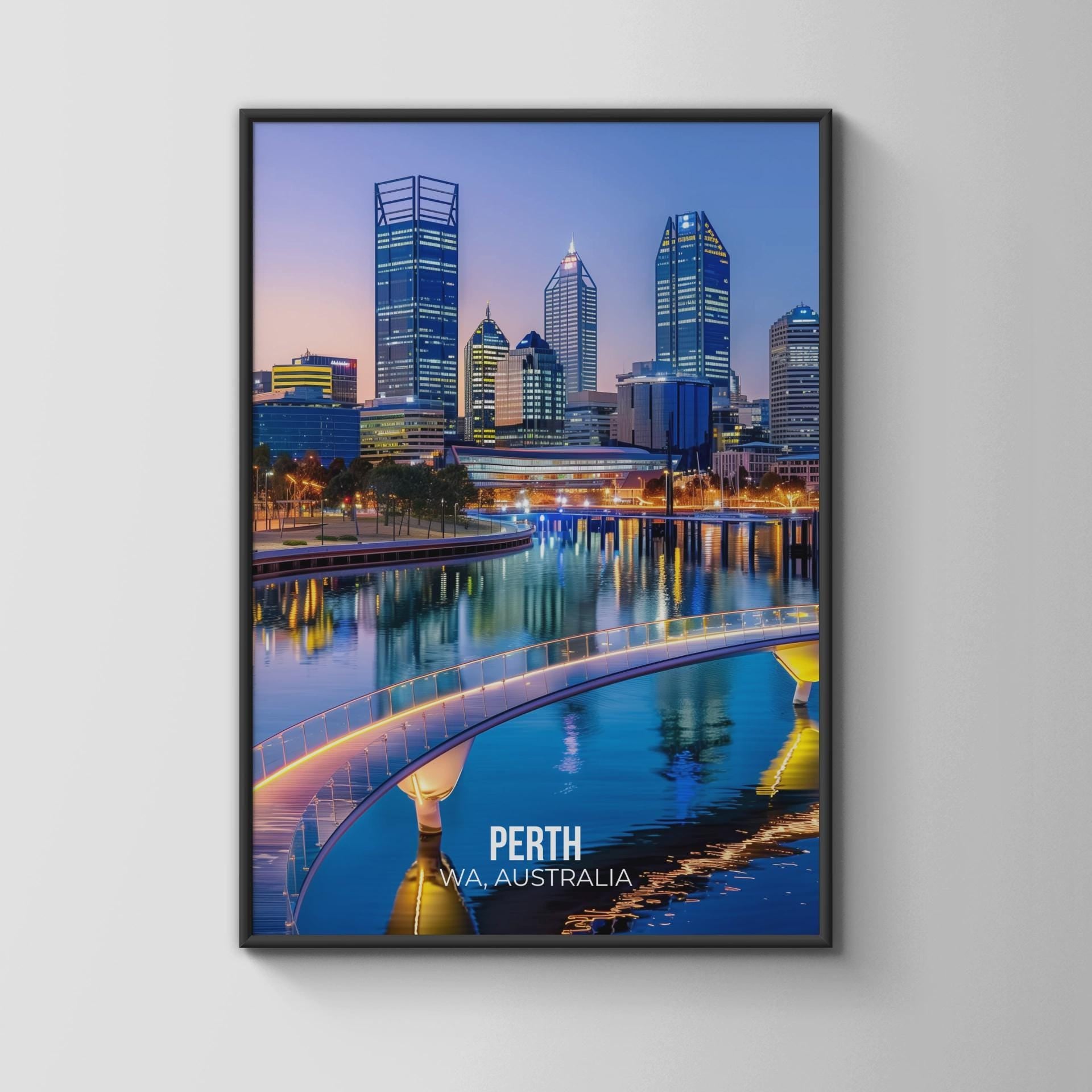 Perth Cityscape Print Water Reflection Night Lights Wall Art - Travel Wall Art