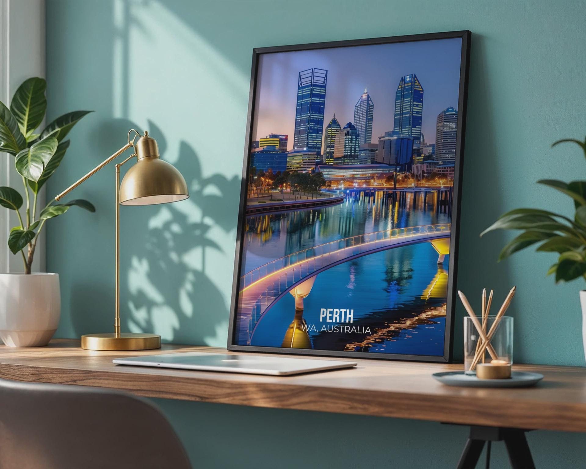 Perth Cityscape Print Water Reflection Night Lights Wall Art - Travel Wall Art