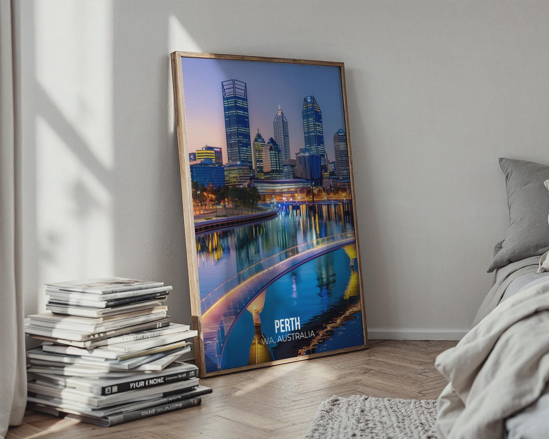 Perth Cityscape Print Water Reflection Night Lights Wall Art - Travel Wall Art