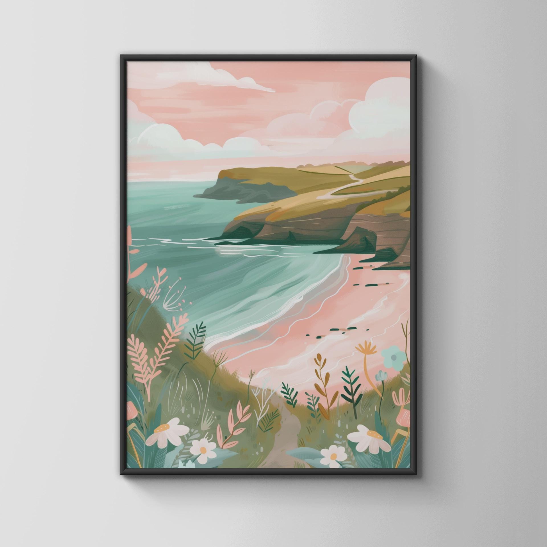 Coastal Landscape Poster with Sea and Floral Elements Art Print - Travel Wall Art