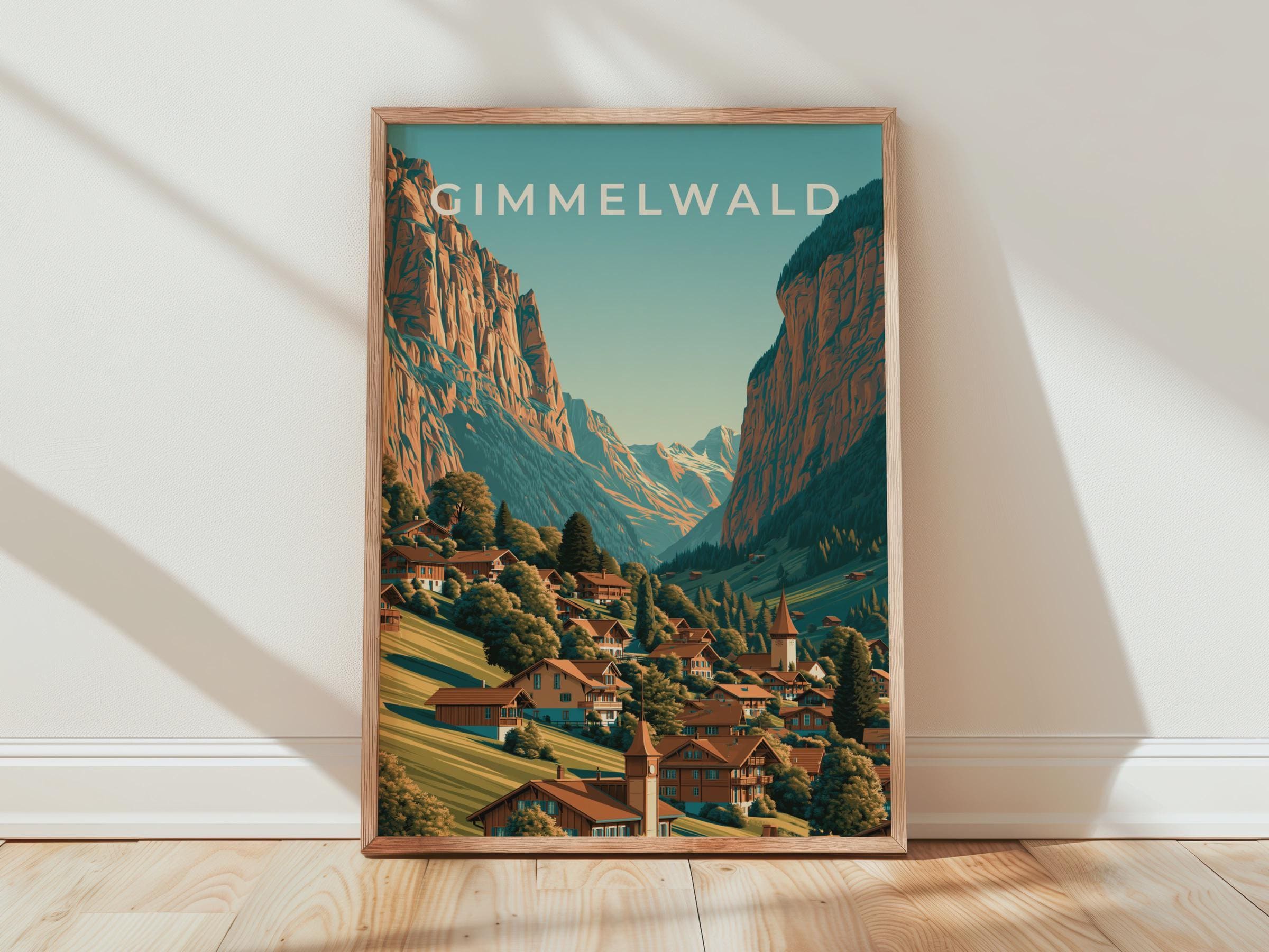 Gimmelwald Poster Swiss Landscape Wall Art Vintage Travel Print - Travel Wall Art