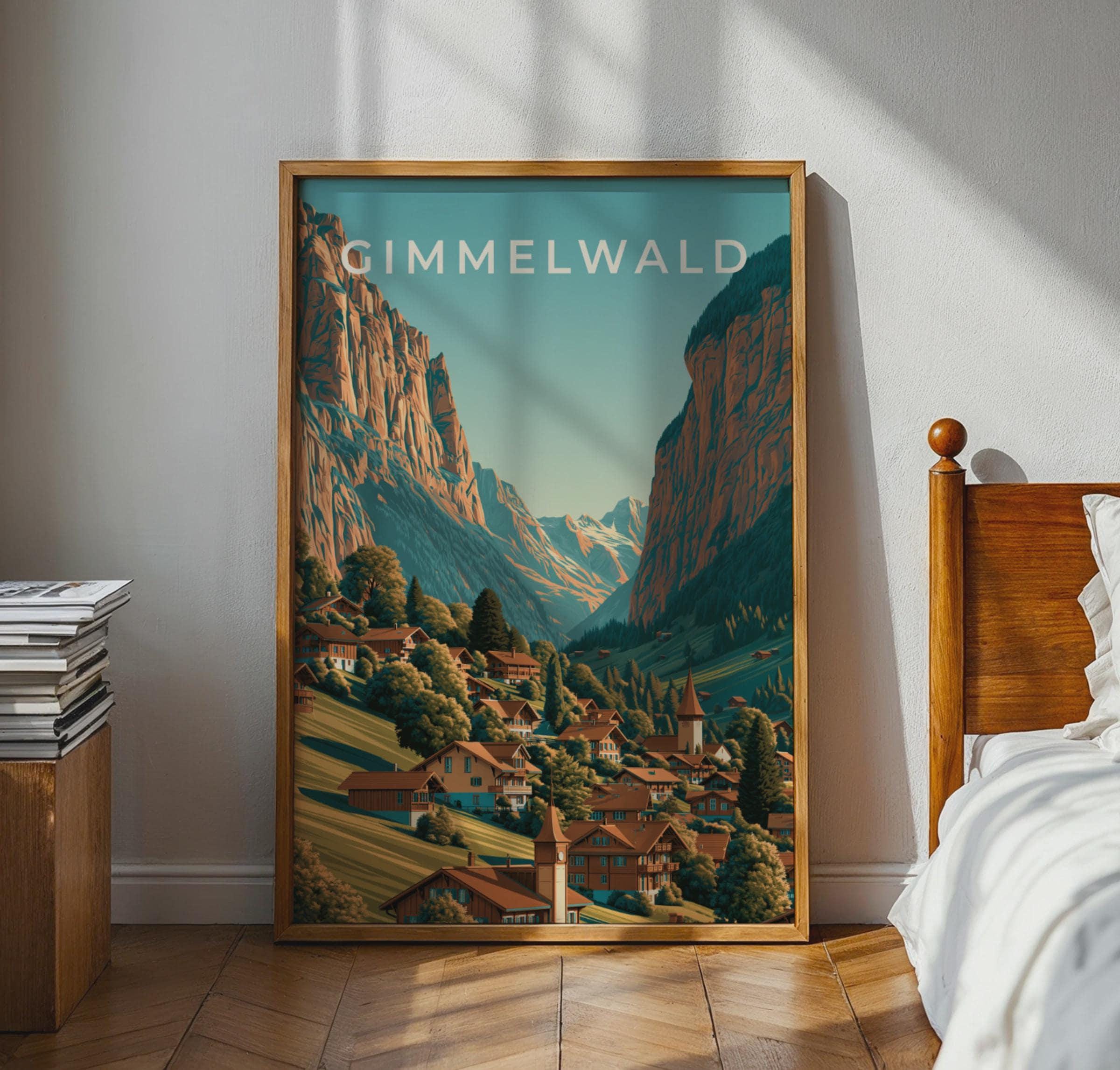 Gimmelwald Poster Swiss Landscape Wall Art Vintage Travel Print - Travel Wall Art