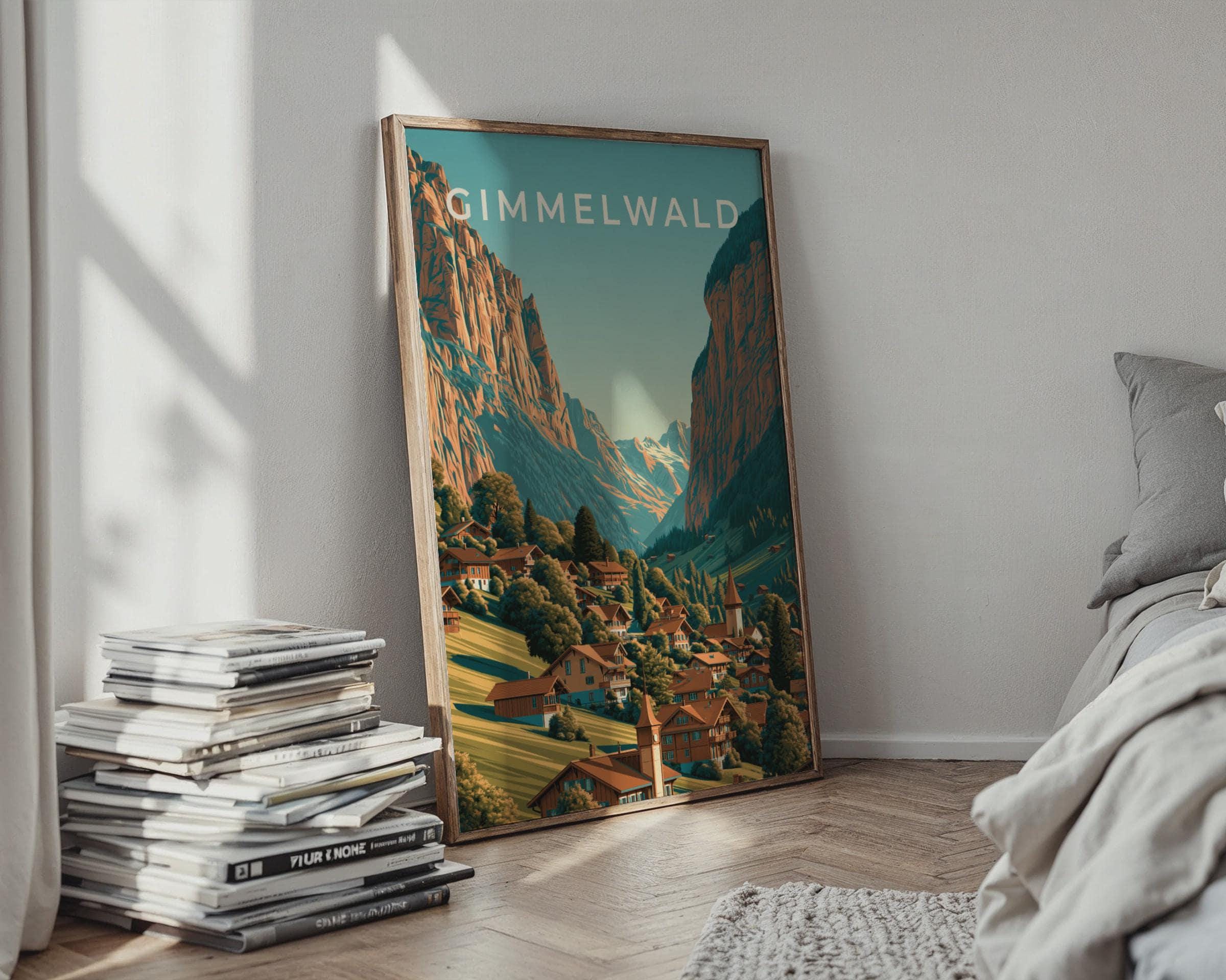 Gimmelwald Poster Swiss Landscape Wall Art Vintage Travel Print - Travel Wall Art