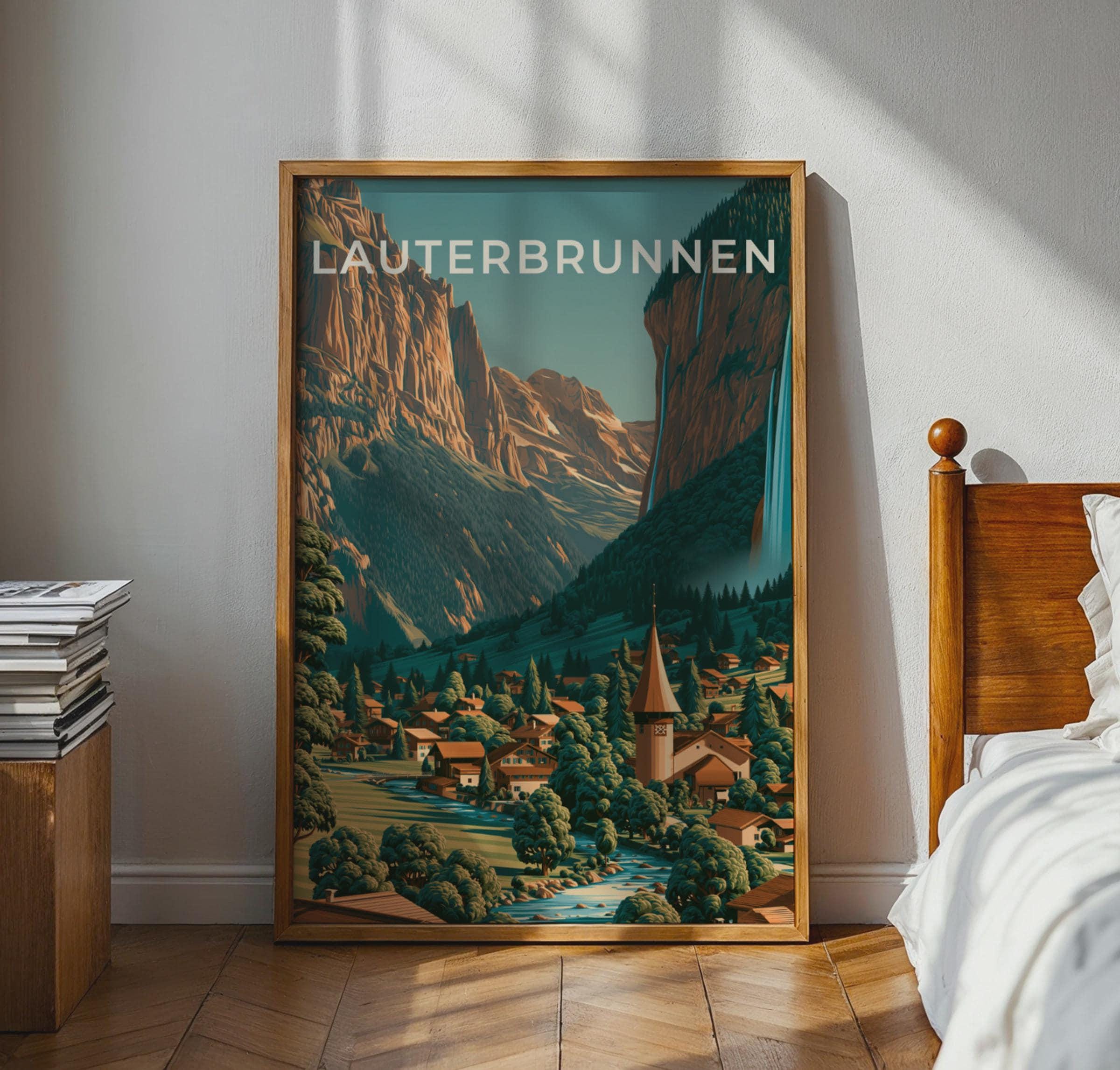 Lauterbrunnen Vintage Swiss Poster Mountain Landscape Art Print - Travel Wall Art