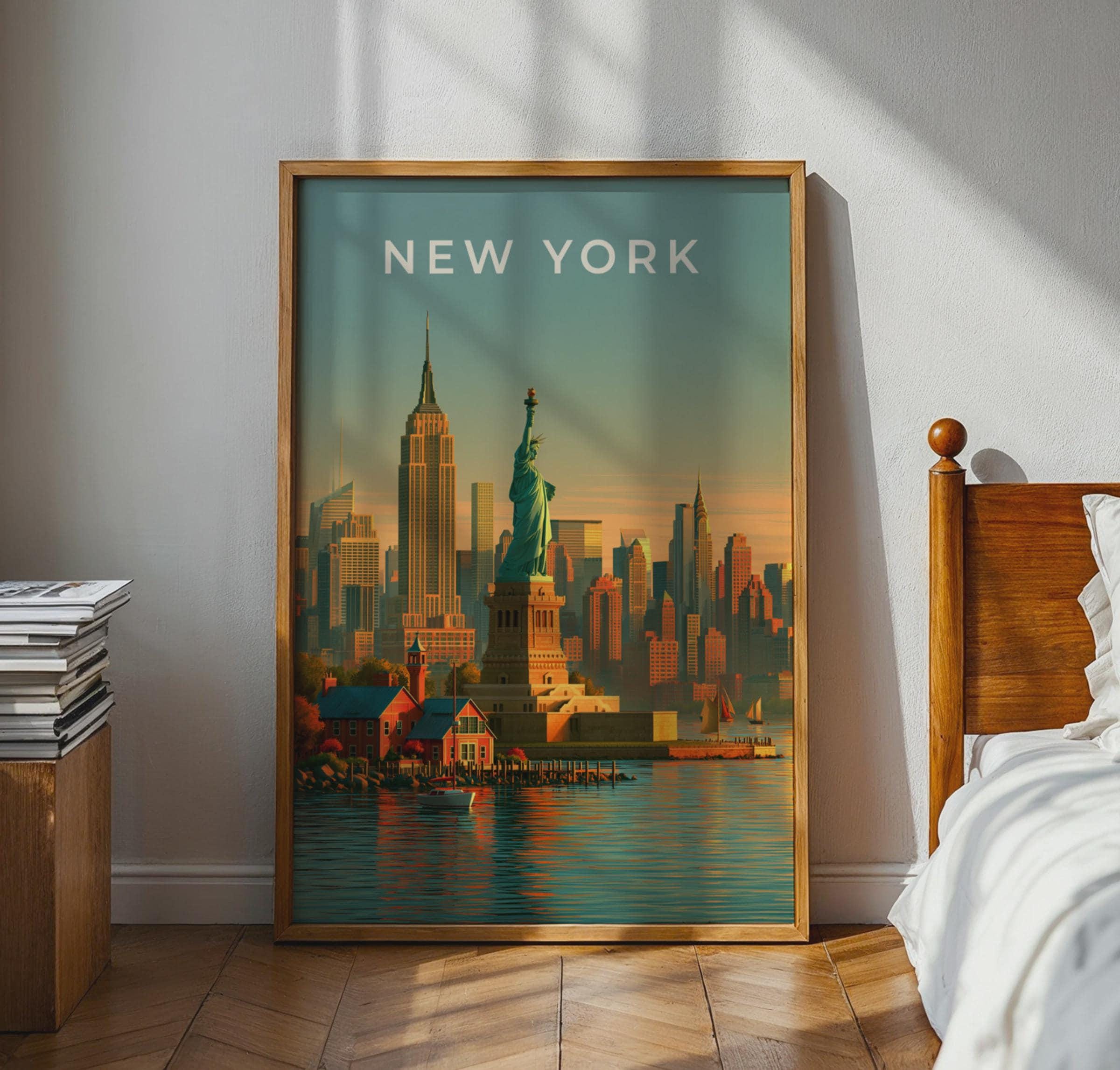 New York Cityscape Poster Statue of Liberty Wall Art Print - Travel Wall Art
