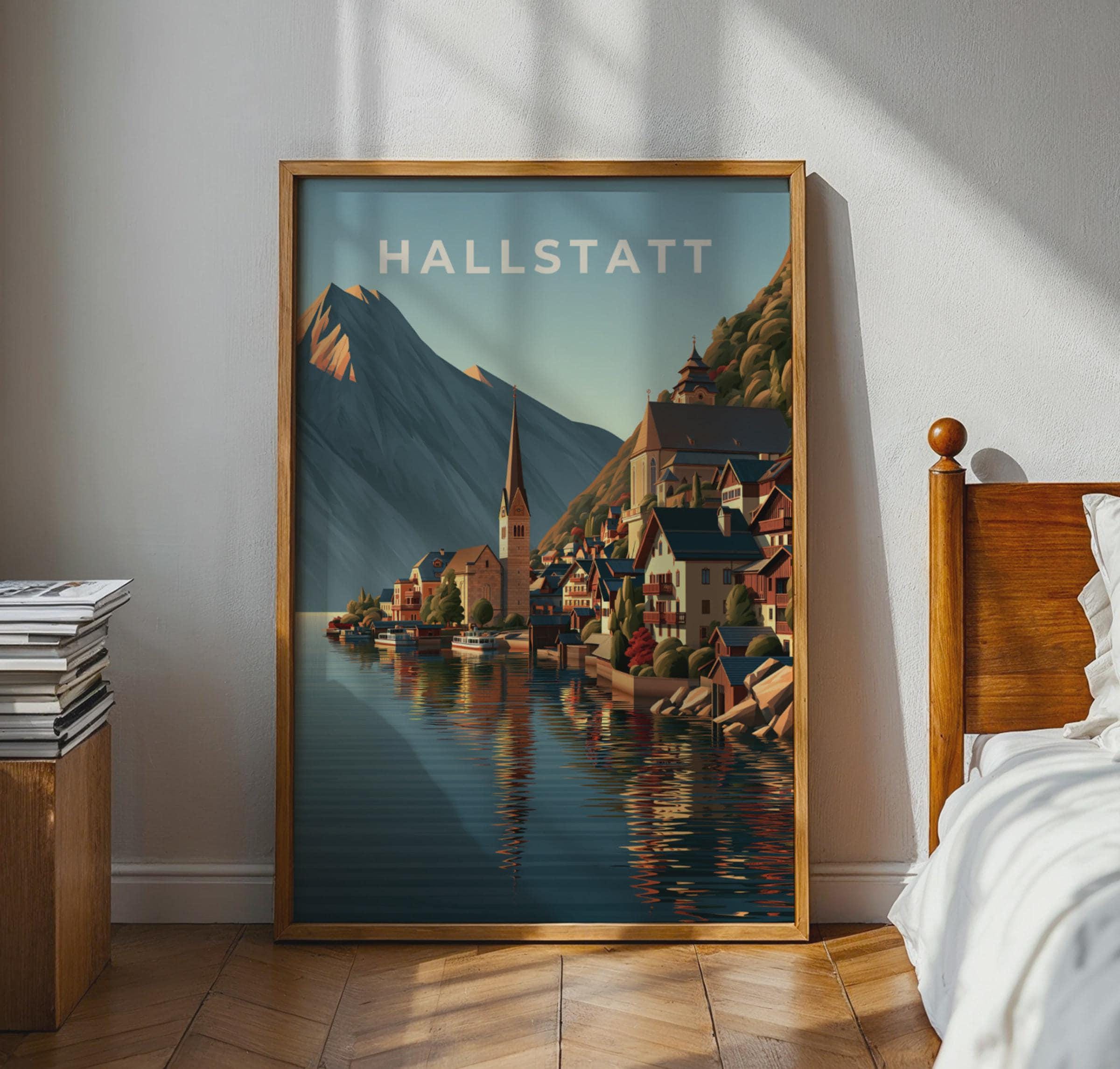 Hallstatt Lake View Poster Austrian Village Landscape Art - Travel Wall Art