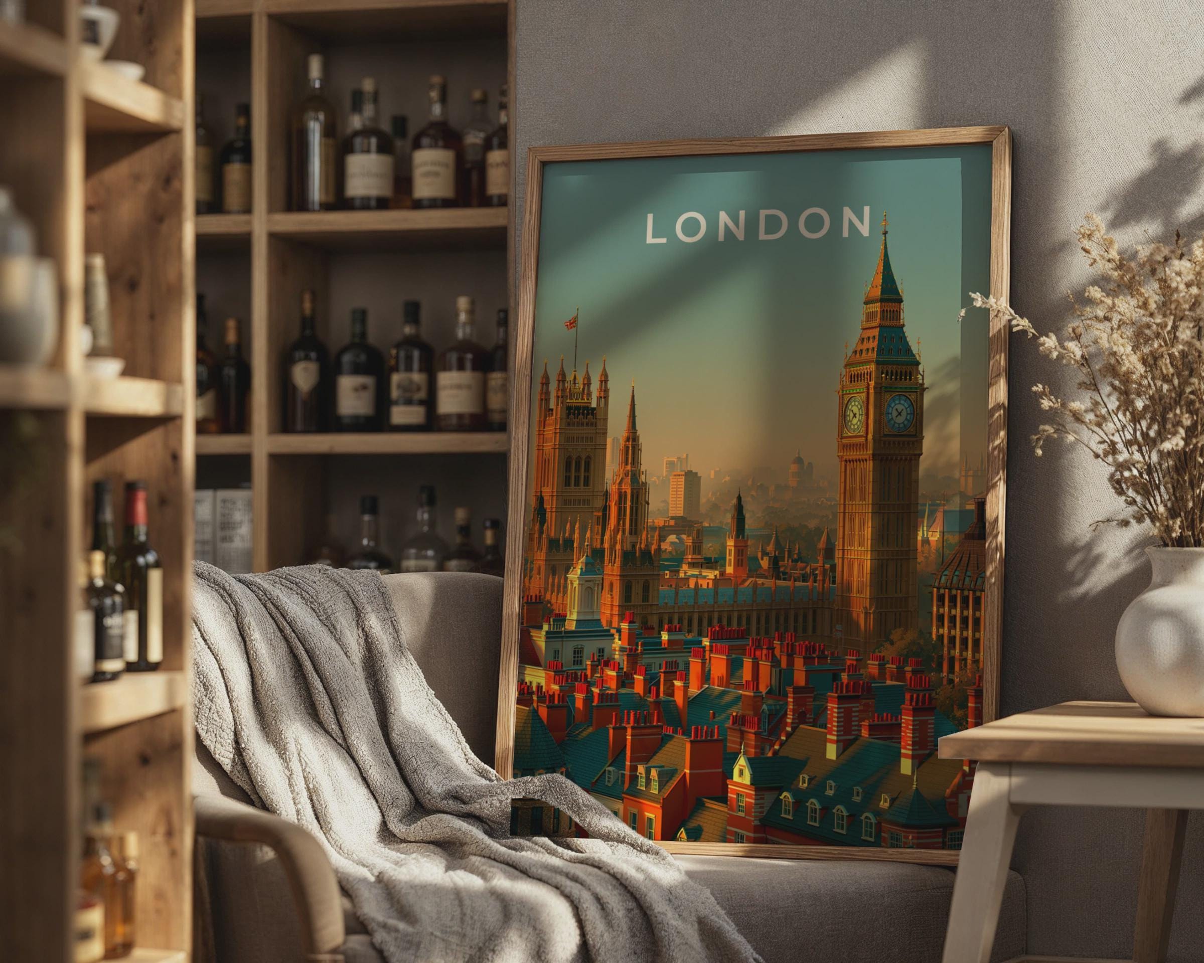 London Skyline Print Big Ben Cityscape Wall Art Vintage Travel Poster - Travel Wall Art