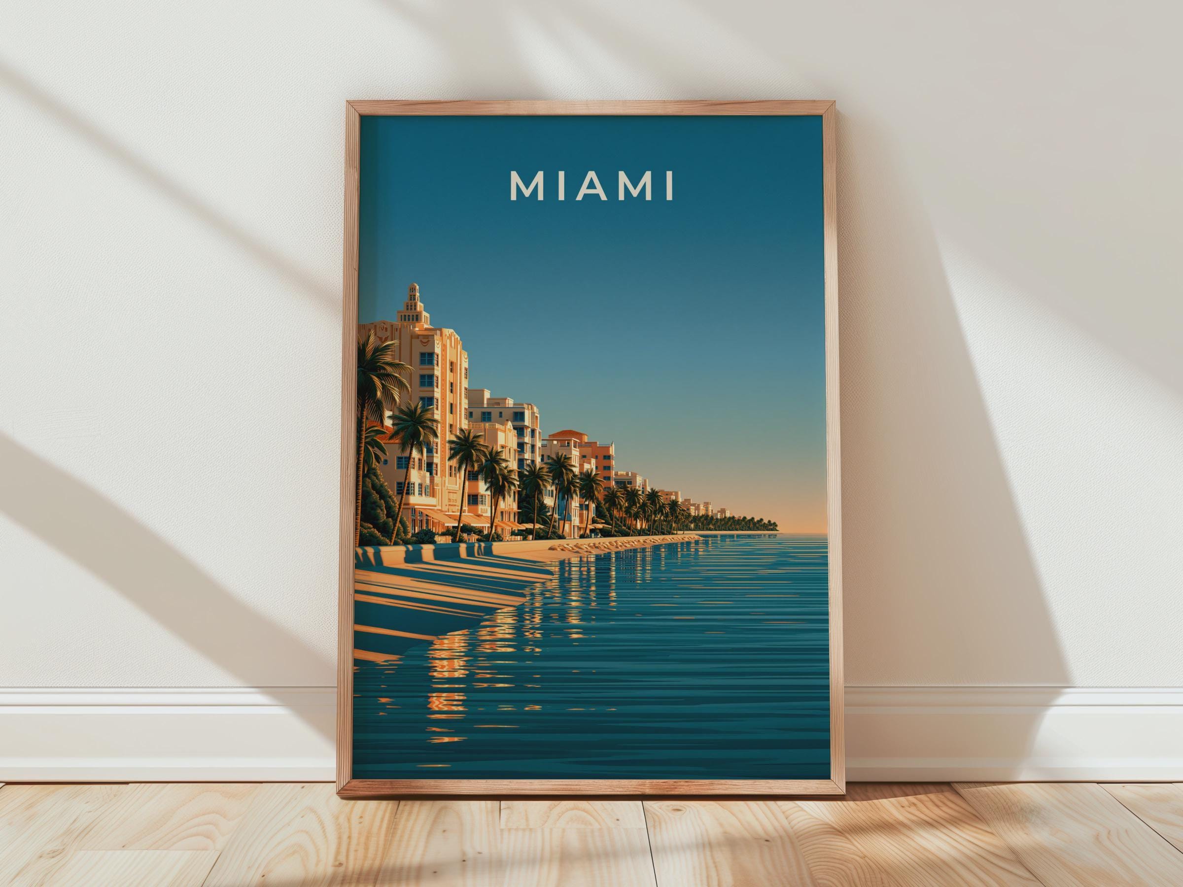 Miami Beach Poster Retro Art Print Coastal Tropical Wall Art - Travel Wall Art