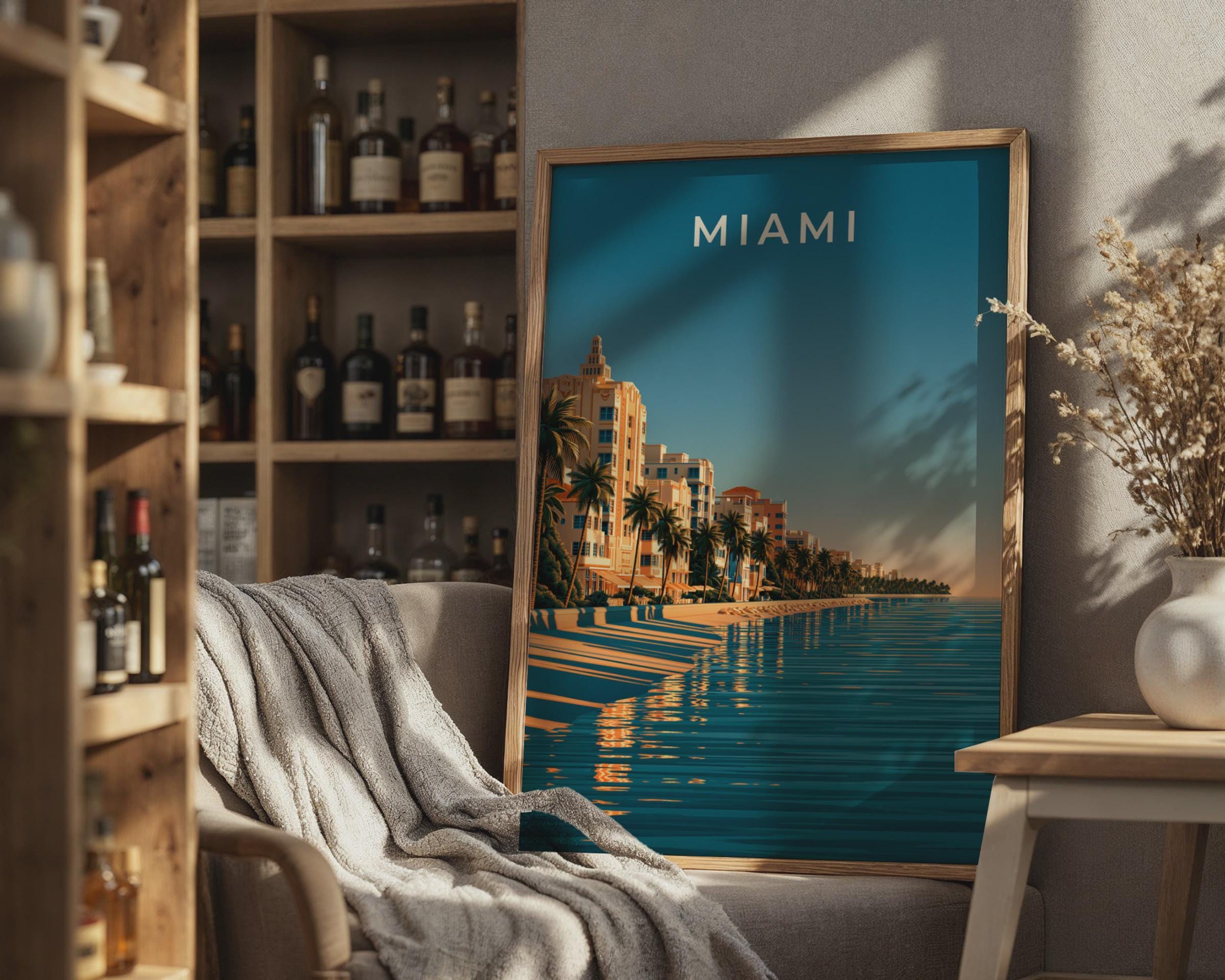 Miami Beach Poster Retro Art Print Coastal Tropical Wall Art - Travel Wall Art