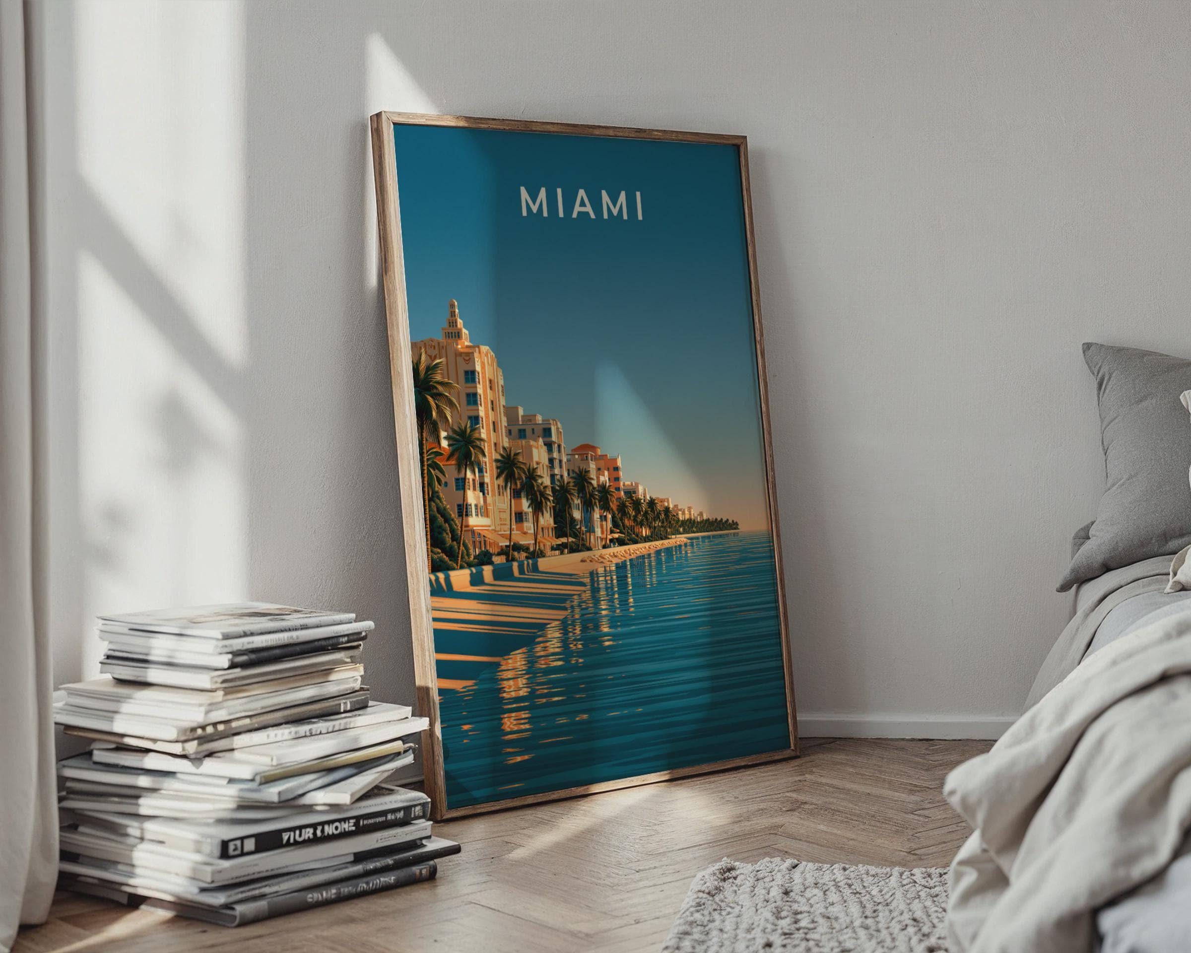 Miami Beach Poster Retro Art Print Coastal Tropical Wall Art - Travel Wall Art