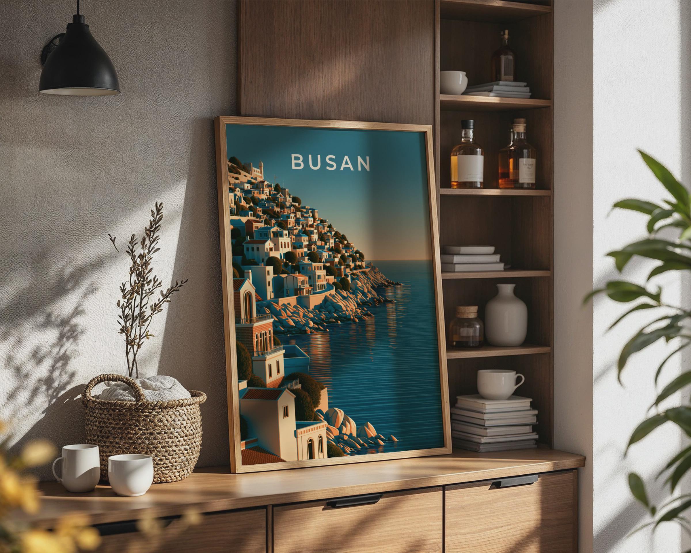 Busan South Korea Print, Coastal Hillside City Art, Teal Blue Wall Decor - Travel Wall Art