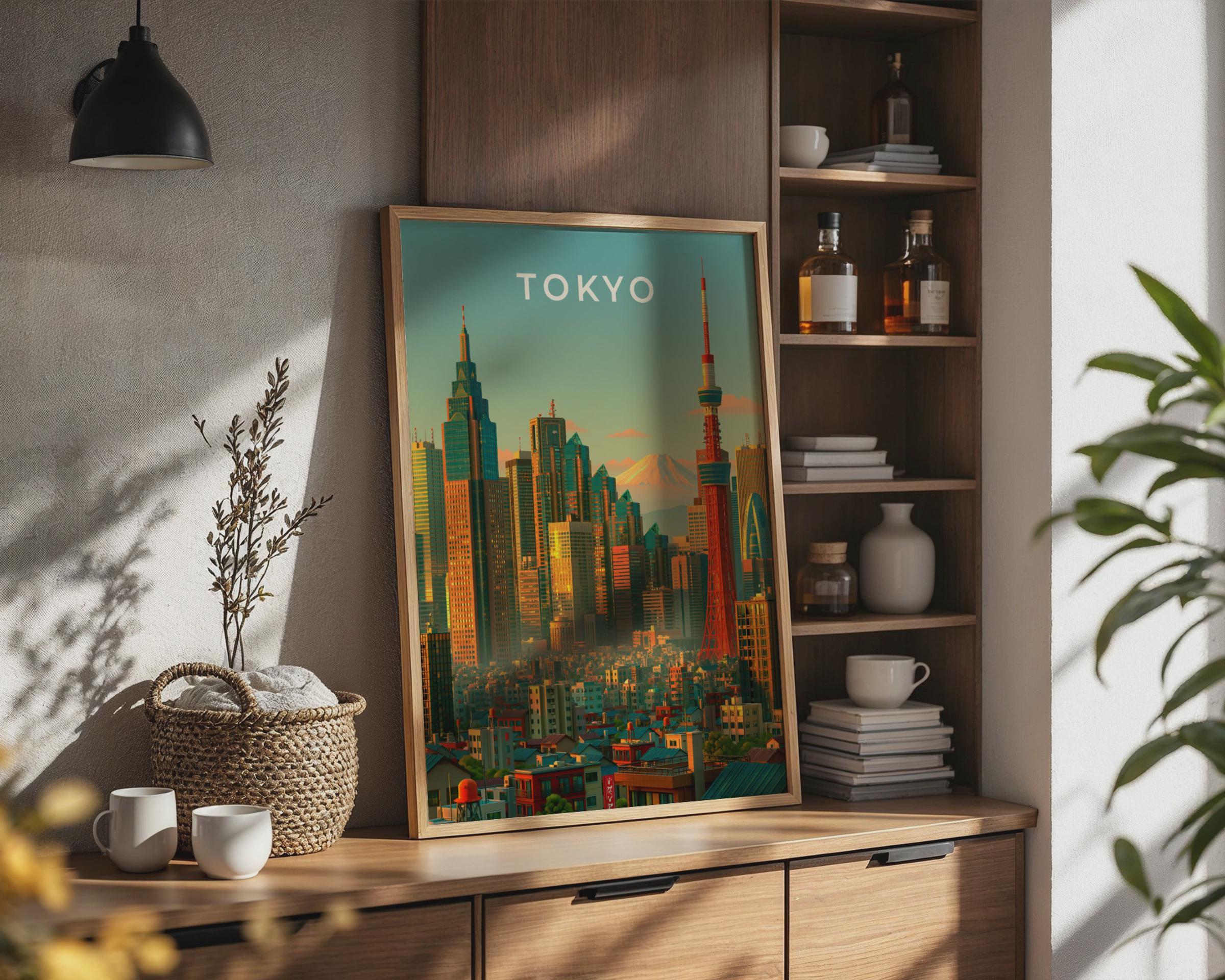 Tokyo Skyline Print, Tokyo Tower, Mount Fuji, Japan City Wall Art Poster - Travel Wall Art