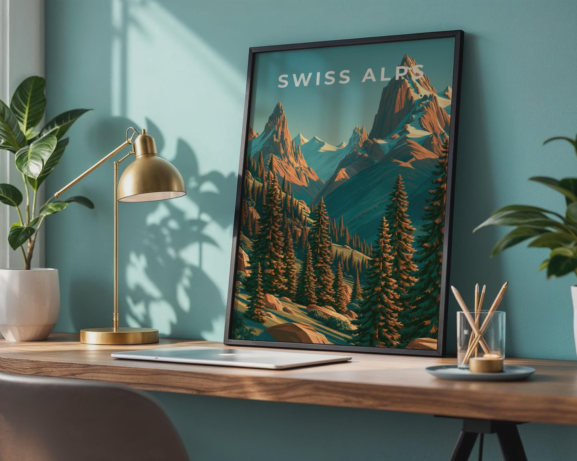 Swiss Alps Print, Retro Mountain Poster, Alpine Forest Wall Art - Travel Wall Art