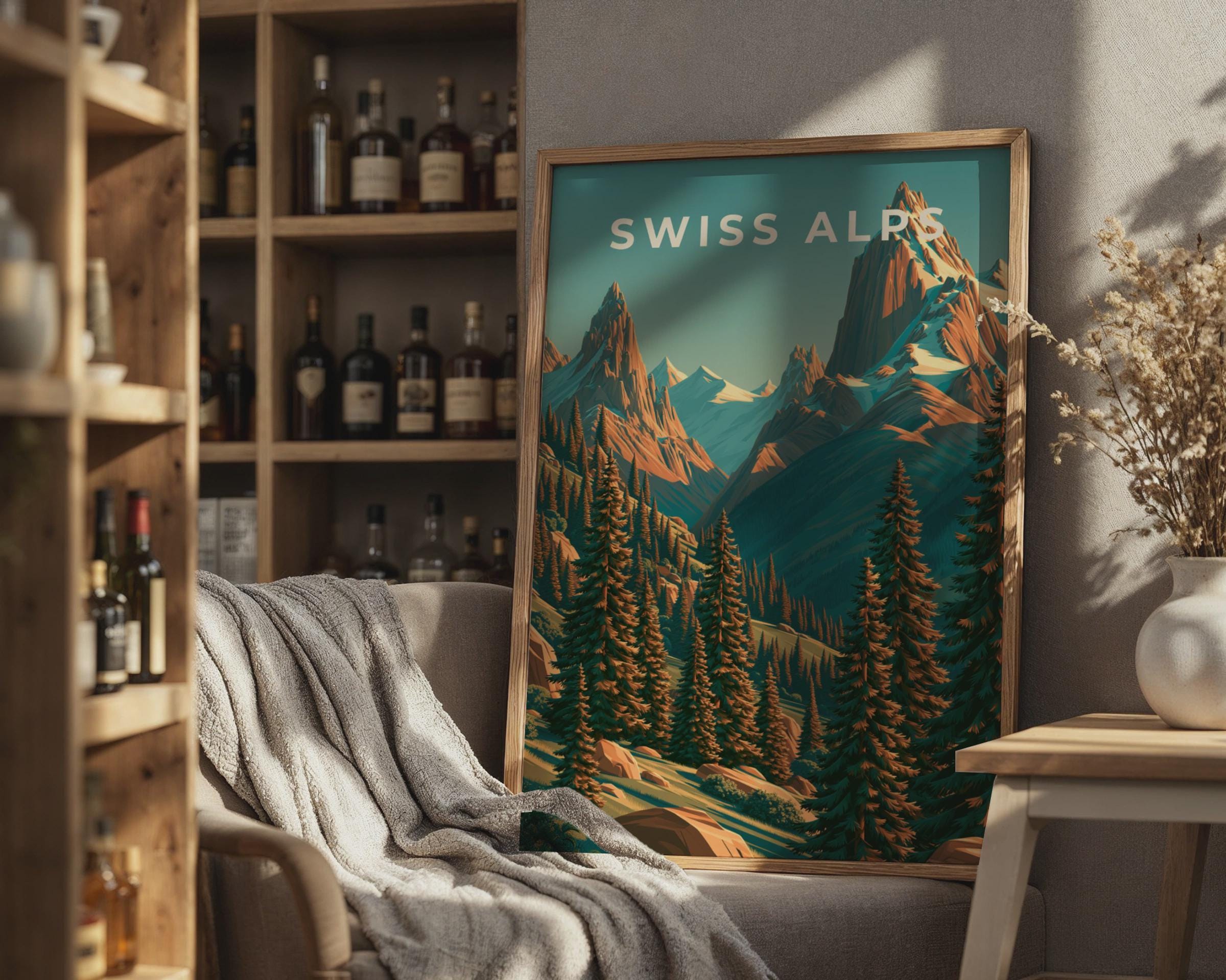 Swiss Alps Print, Retro Mountain Poster, Alpine Forest Wall Art - Travel Wall Art