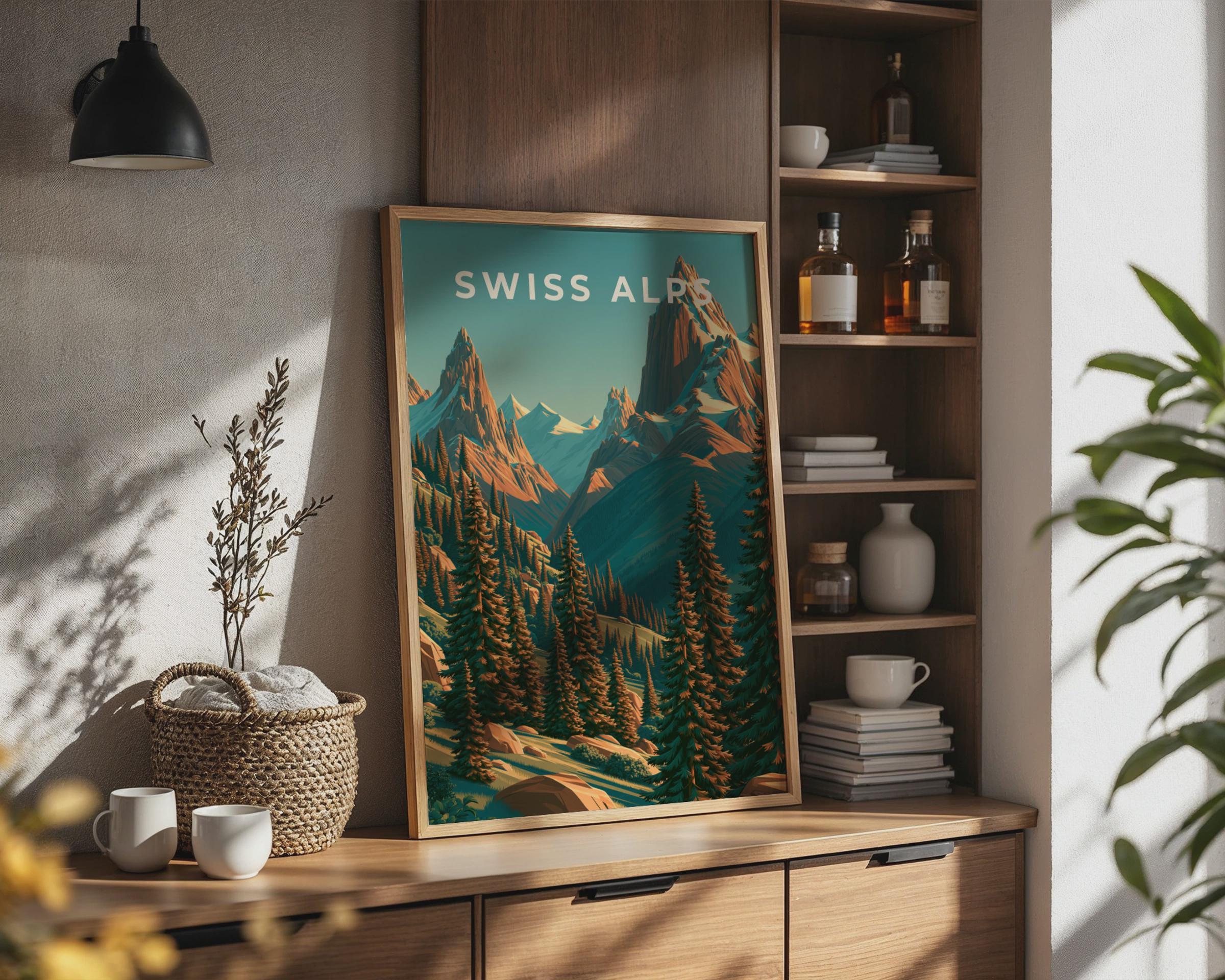 Swiss Alps Print, Retro Mountain Poster, Alpine Forest Wall Art - Travel Wall Art