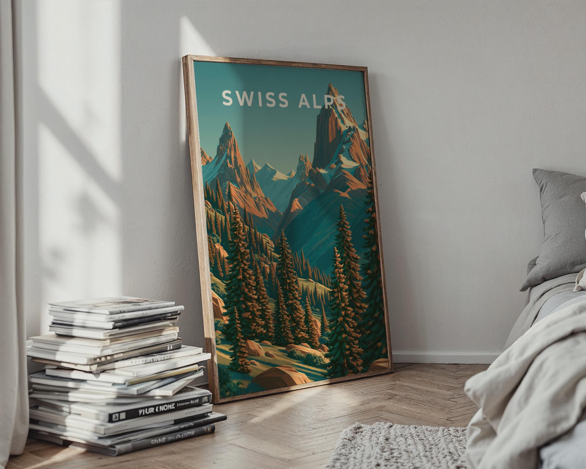 Swiss Alps Print, Retro Mountain Poster, Alpine Forest Wall Art - Travel Wall Art
