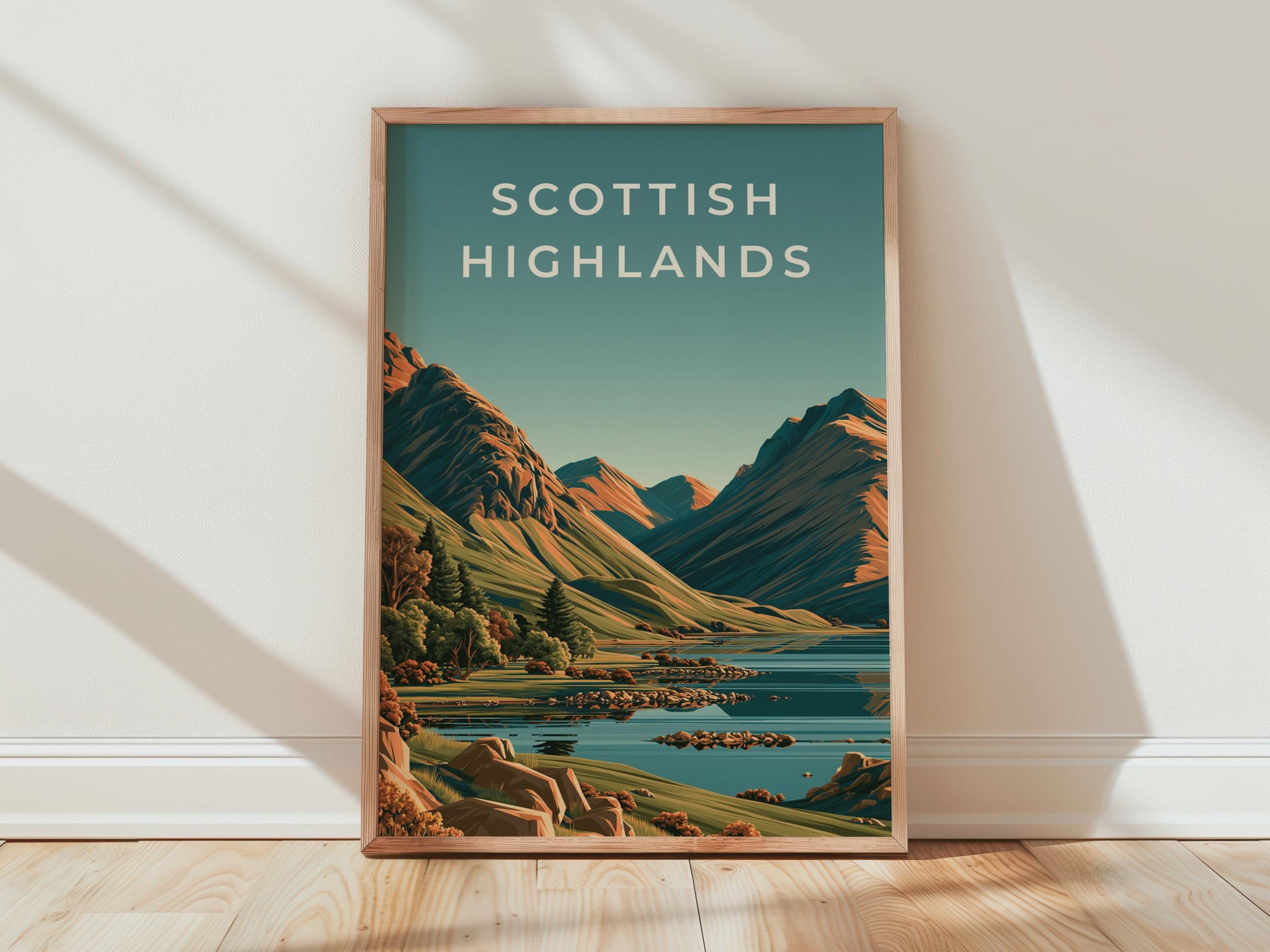 Scottish Highlands Print, Loch Mountain Landscape, Vintage Style Scotland Wall Art - Travel Wall Art
