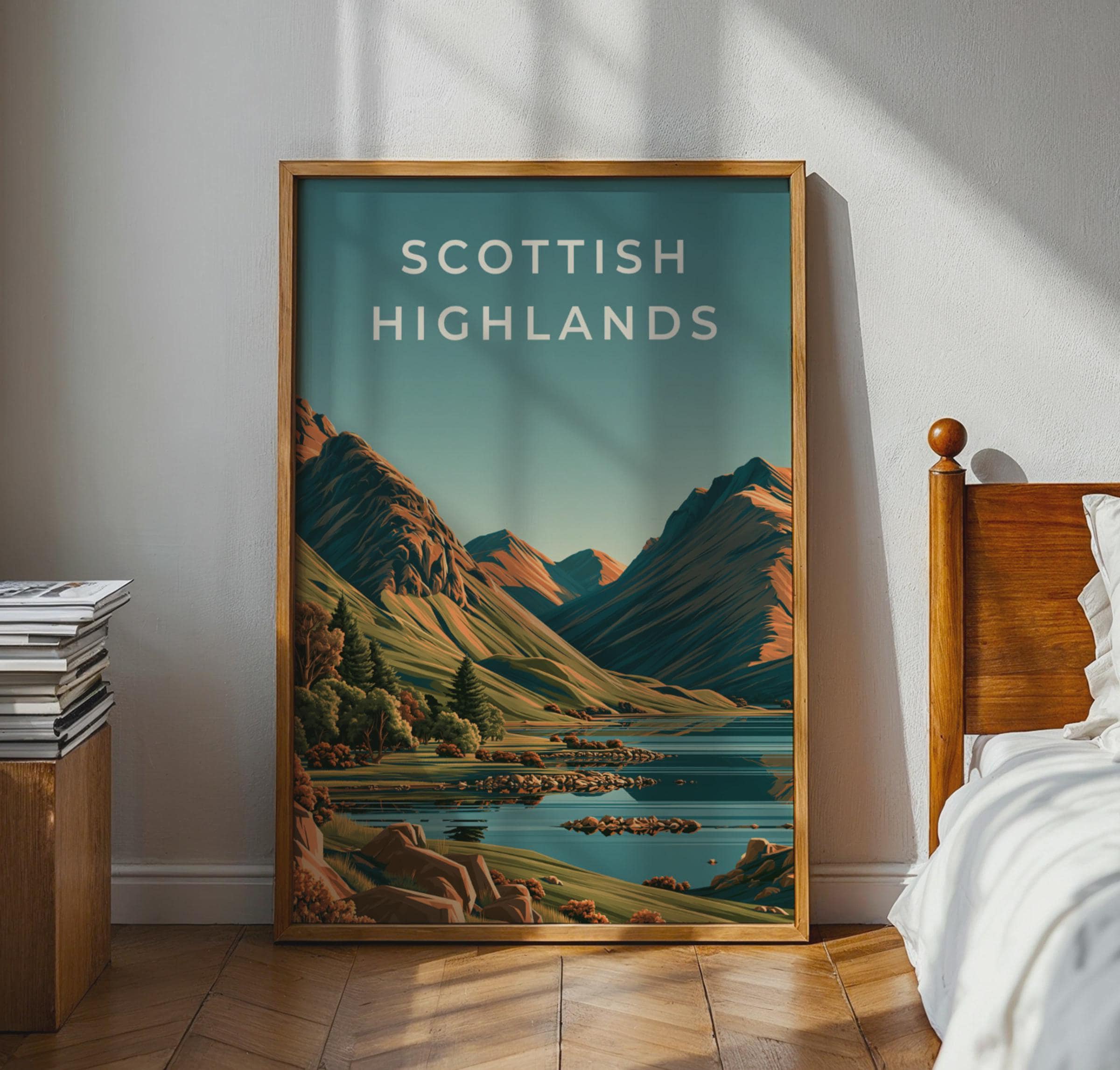 Scottish Highlands Print, Loch Mountain Landscape, Vintage Style Scotland Wall Art - Travel Wall Art