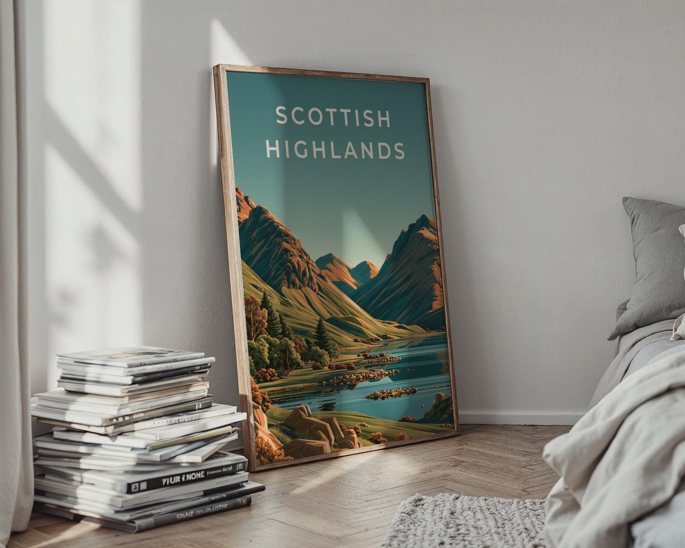Scottish Highlands Print, Loch Mountain Landscape, Vintage Style Scotland Wall Art - Travel Wall Art