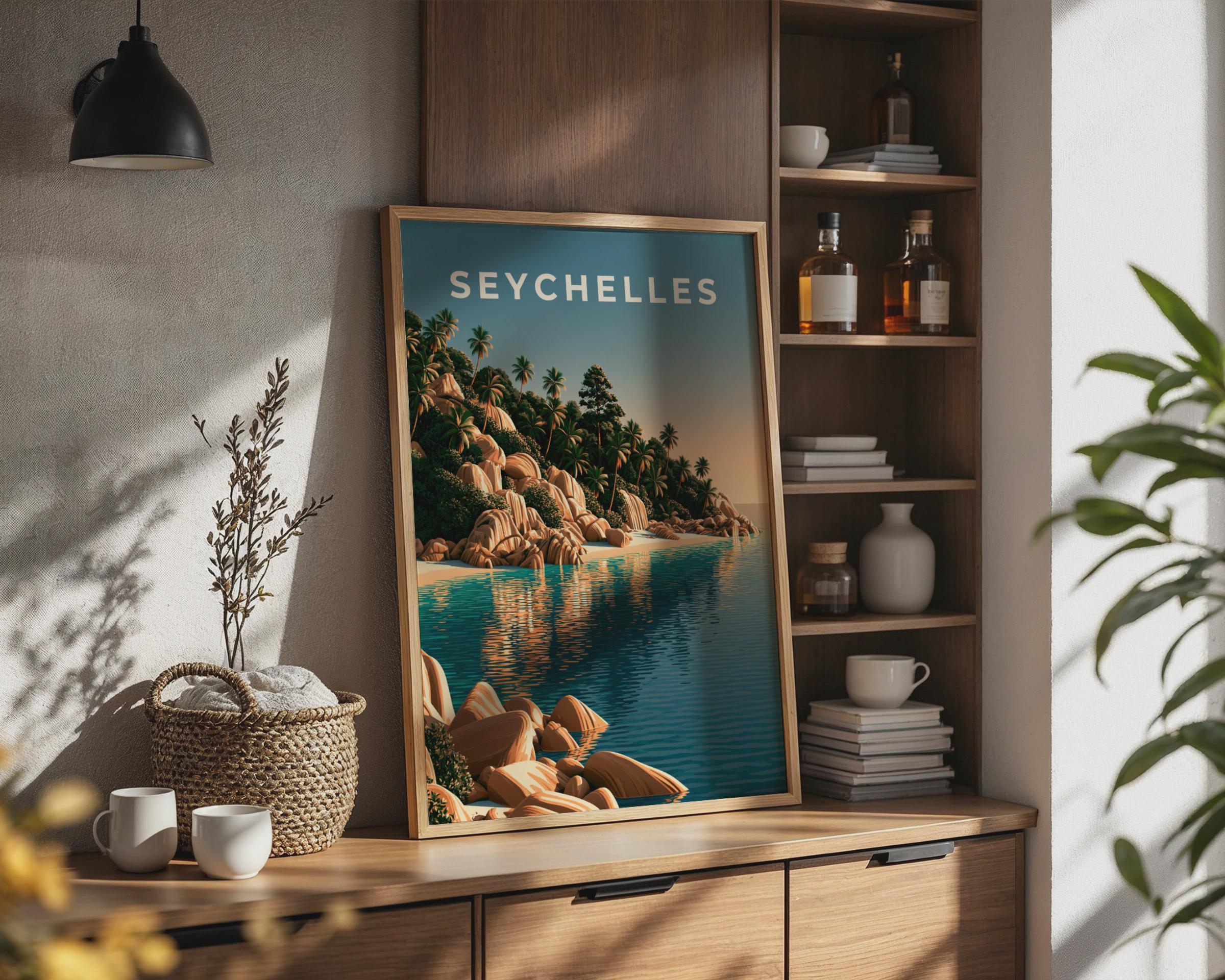 Seychelles Print, Tropical Beach Wall Art, Retro Island Poster, Teal Ocean Decor - Travel Wall Art