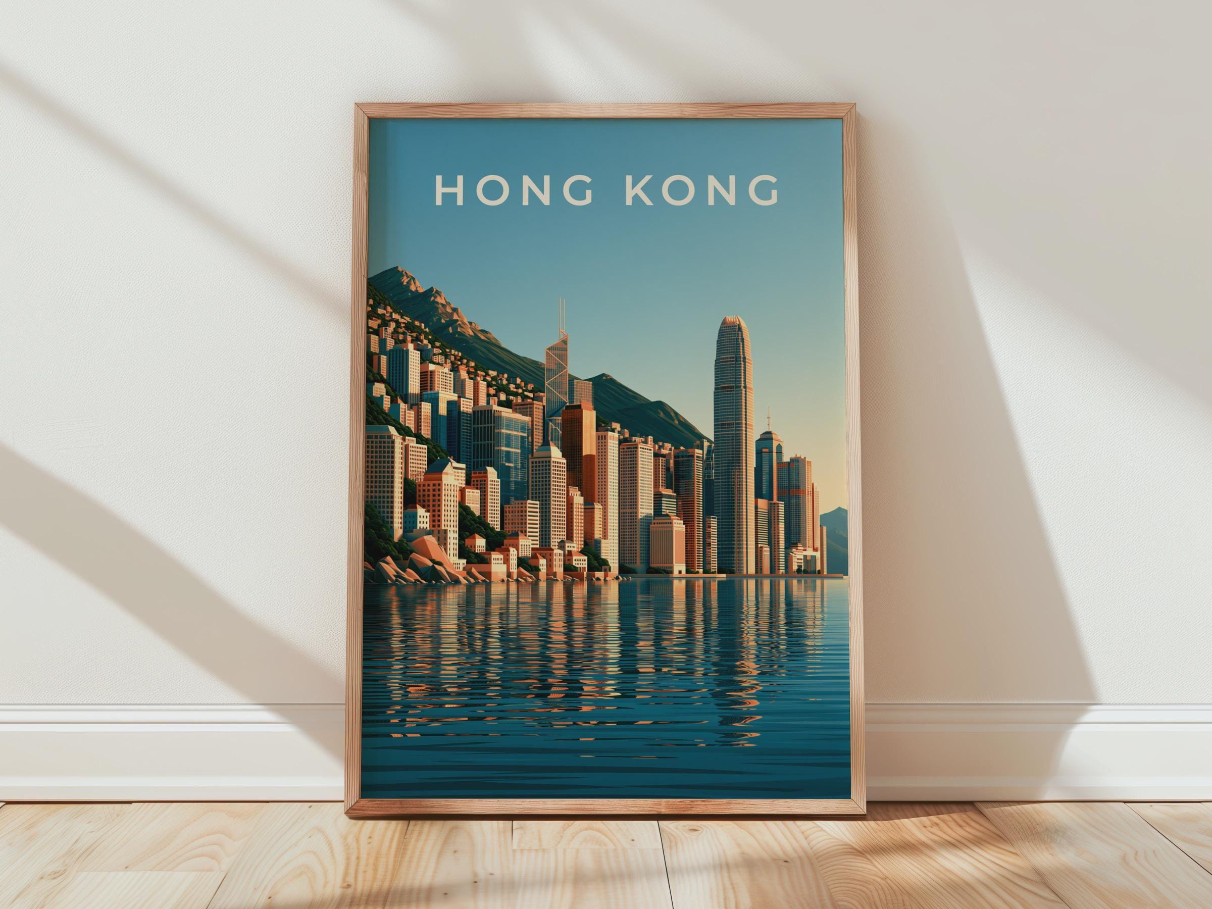 Hong Kong Skyline Print, City Harbour Wall Art, Minimalist Asia Poster - Travel Wall Art