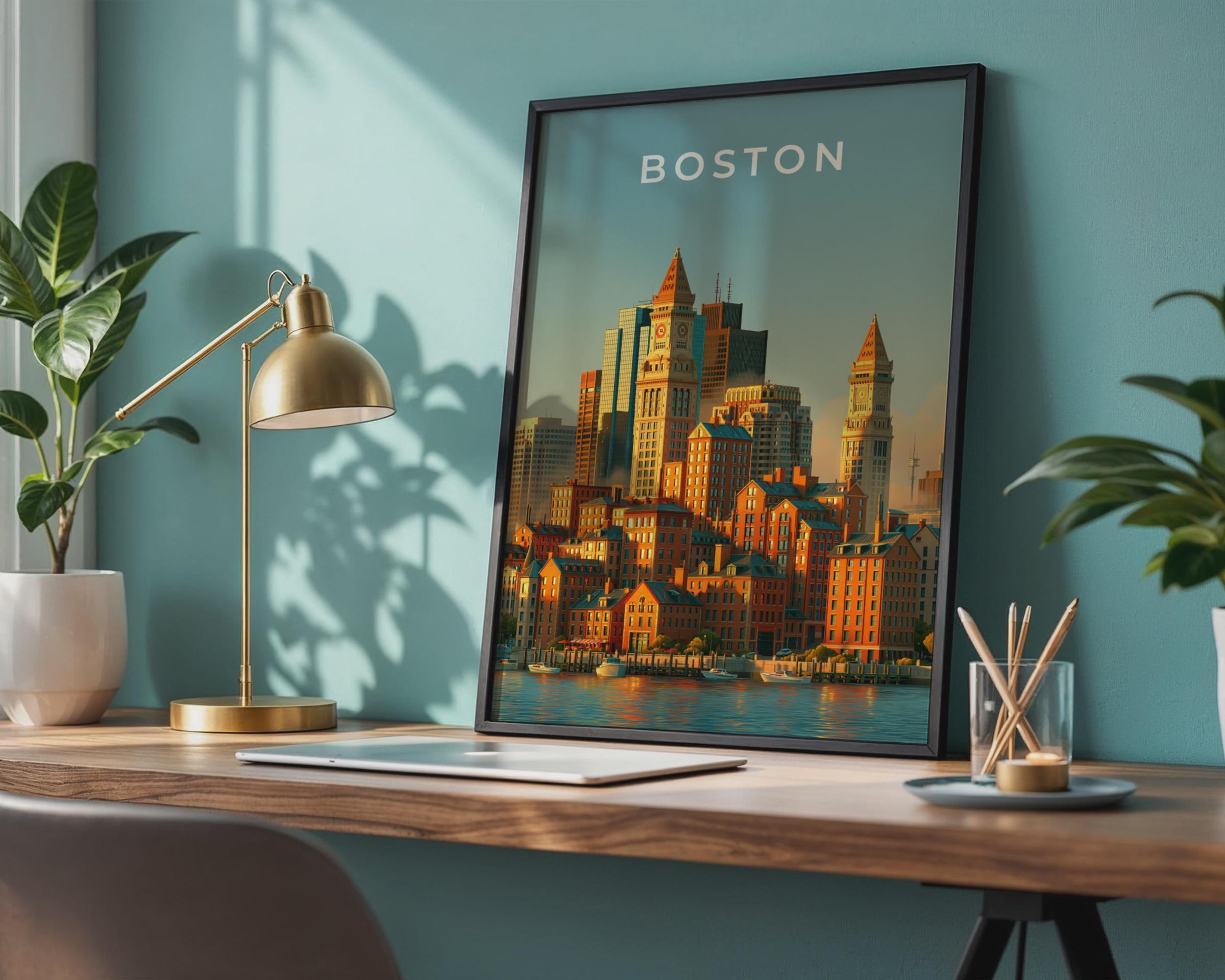 Boston Skyline Print, Custom House Tower, Massachusetts City Wall Art Poster - Travel Wall Art