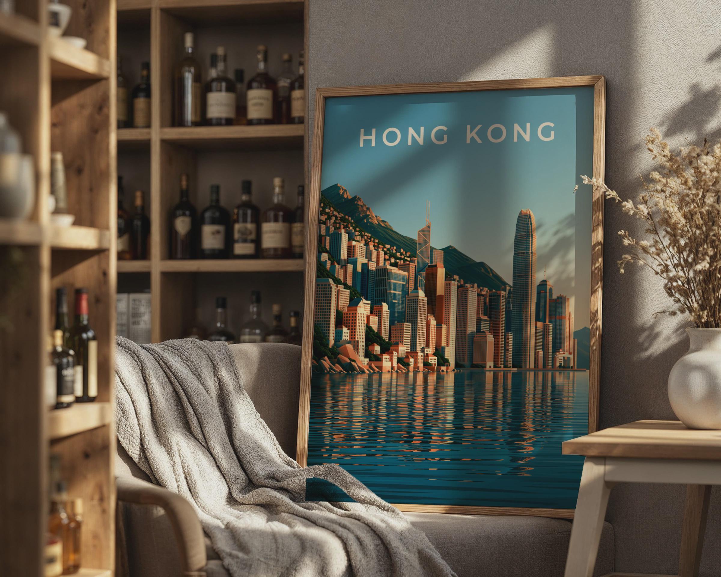 Hong Kong Skyline Print, City Harbour Wall Art, Minimalist Asia Poster - Travel Wall Art