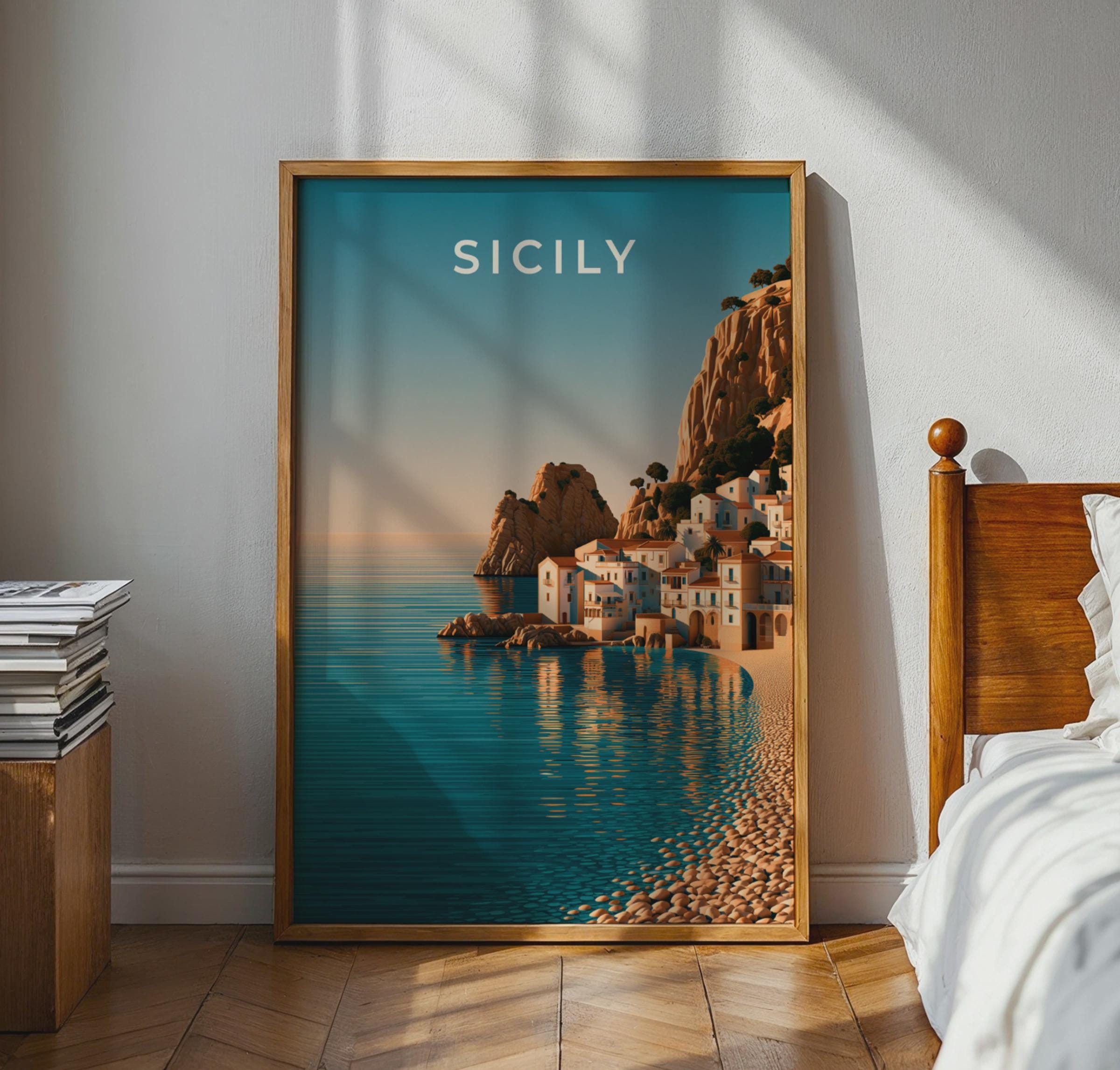 Sicily Italy Wall Art Print, Mediterranean Coastal Village Poster, Retro Style - Travel Wall Art